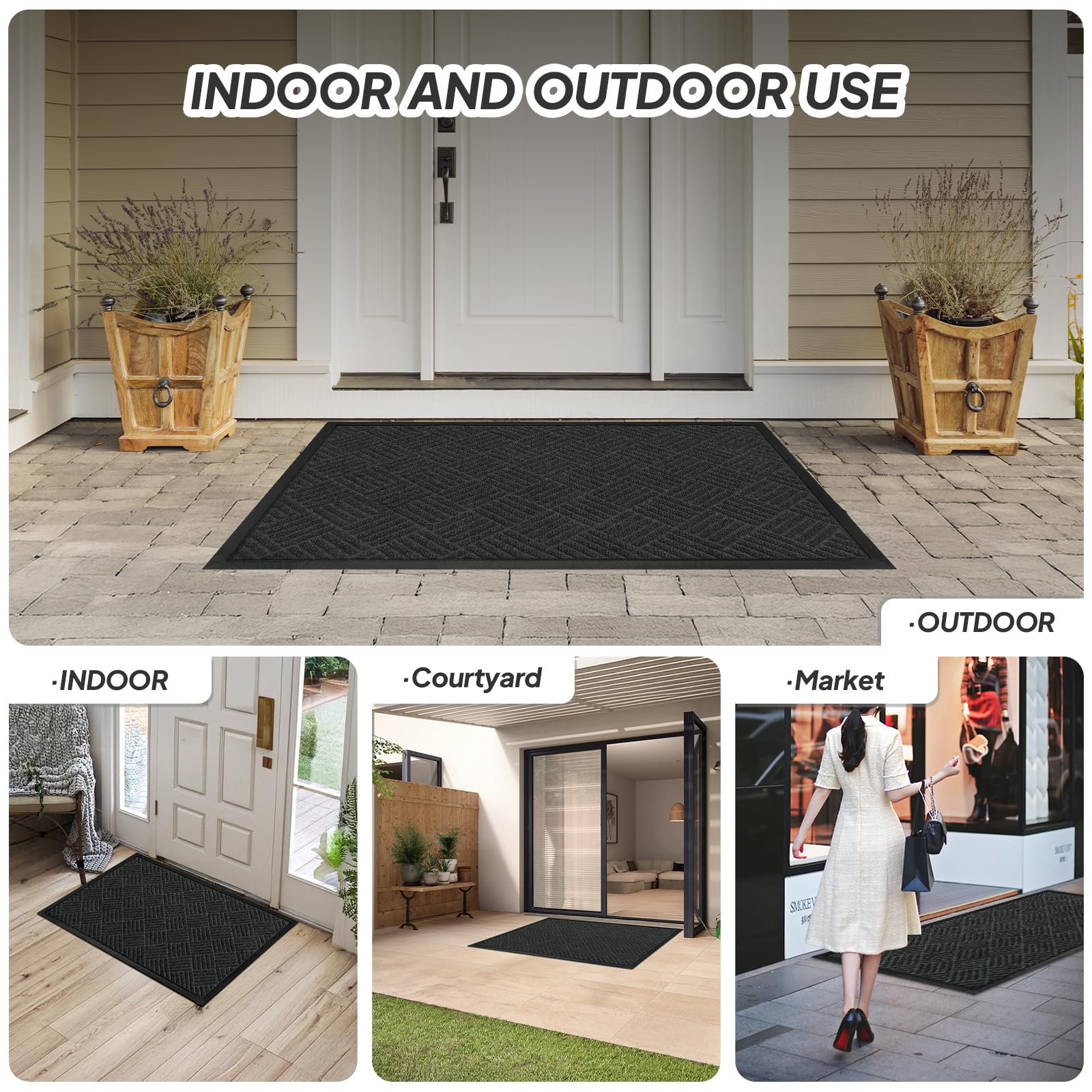 ROVSUN 35.4" × 23.6" Front Door Mat with Diamond Pattern Diamond Non-Slip Grey