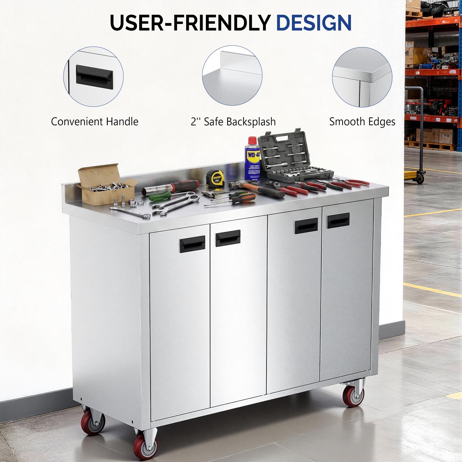 ROVSUN 47" x 19" Stainless Steel Table with Cabinet & Wheels