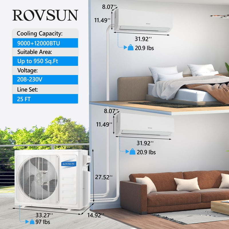 ROVSUN 2 Zone 9000 + 12000 / 18000 BTU Wifi Mini Split Air Conditioner Ductless 19 SEER2 230V with Heat Pump & 25Ft Install Kit