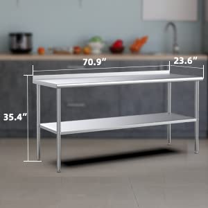 ROVSUN 72 x 24 Inches Kitchen Stainless Steel Table Heavy Duty Prep Work Metal Table with Adjustable Undershelf & Backsplash
