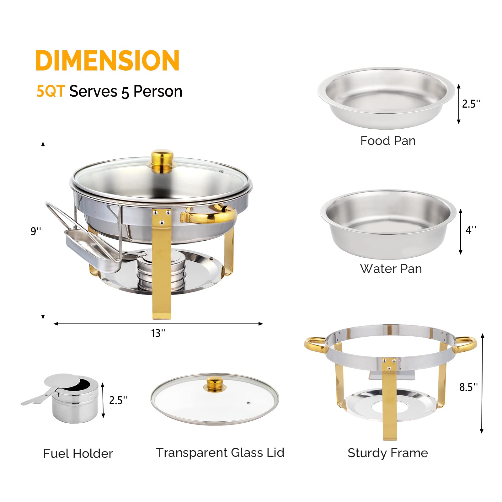 ROVSUN 5 QT Round Gold Chafing Dish Set with Glass Lid & Lid Holder