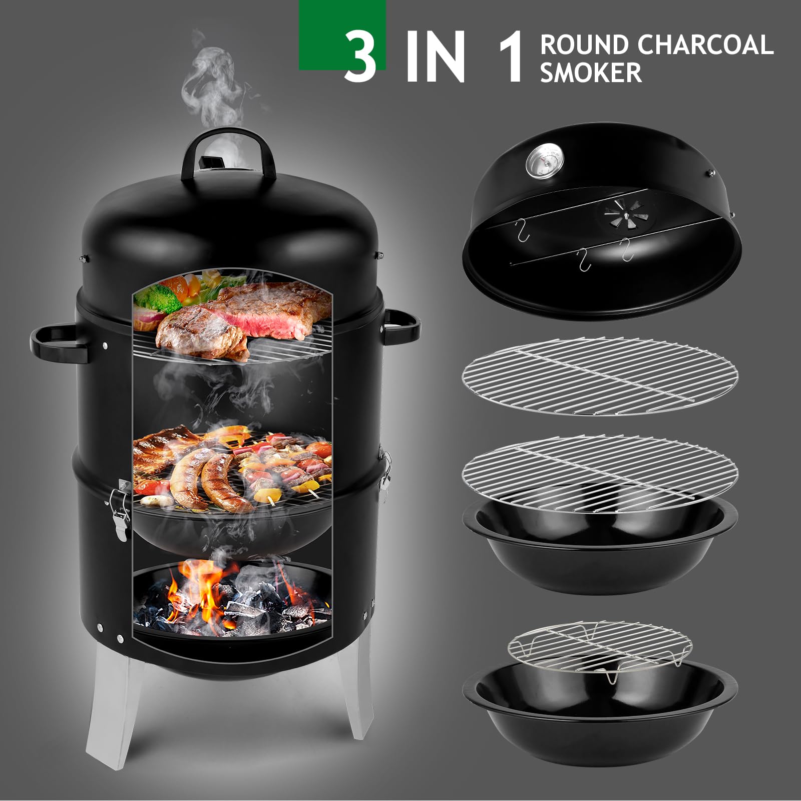 3-in-1 Vertical Charcoal Grill Outdoor BBQ Charcoal Smoker