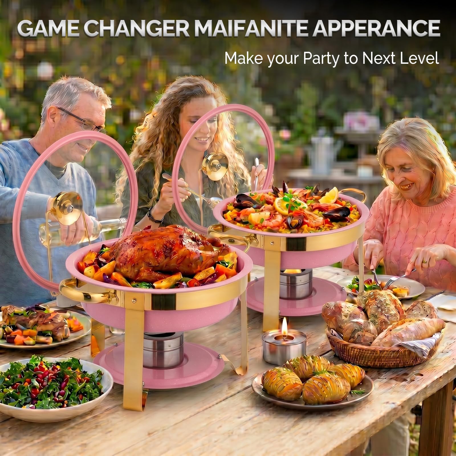 ROVSUN 5 QT Round Pink-Gold Chafing Dish Buffet Set with Lid Holder