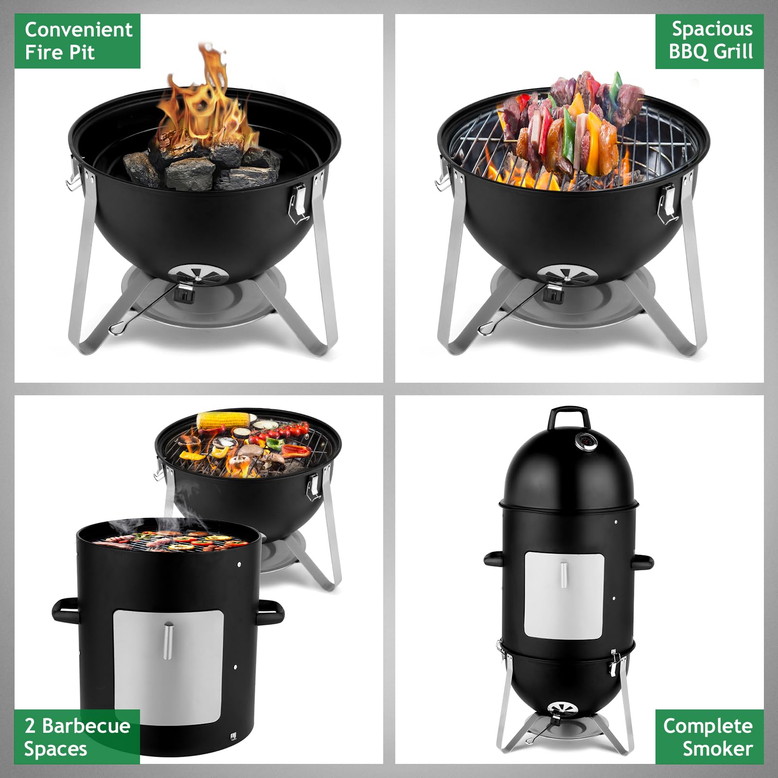 4-Tier 3-in-1 Vertical Charcoal Grill Outdoor BBQ Charcoal Smoker