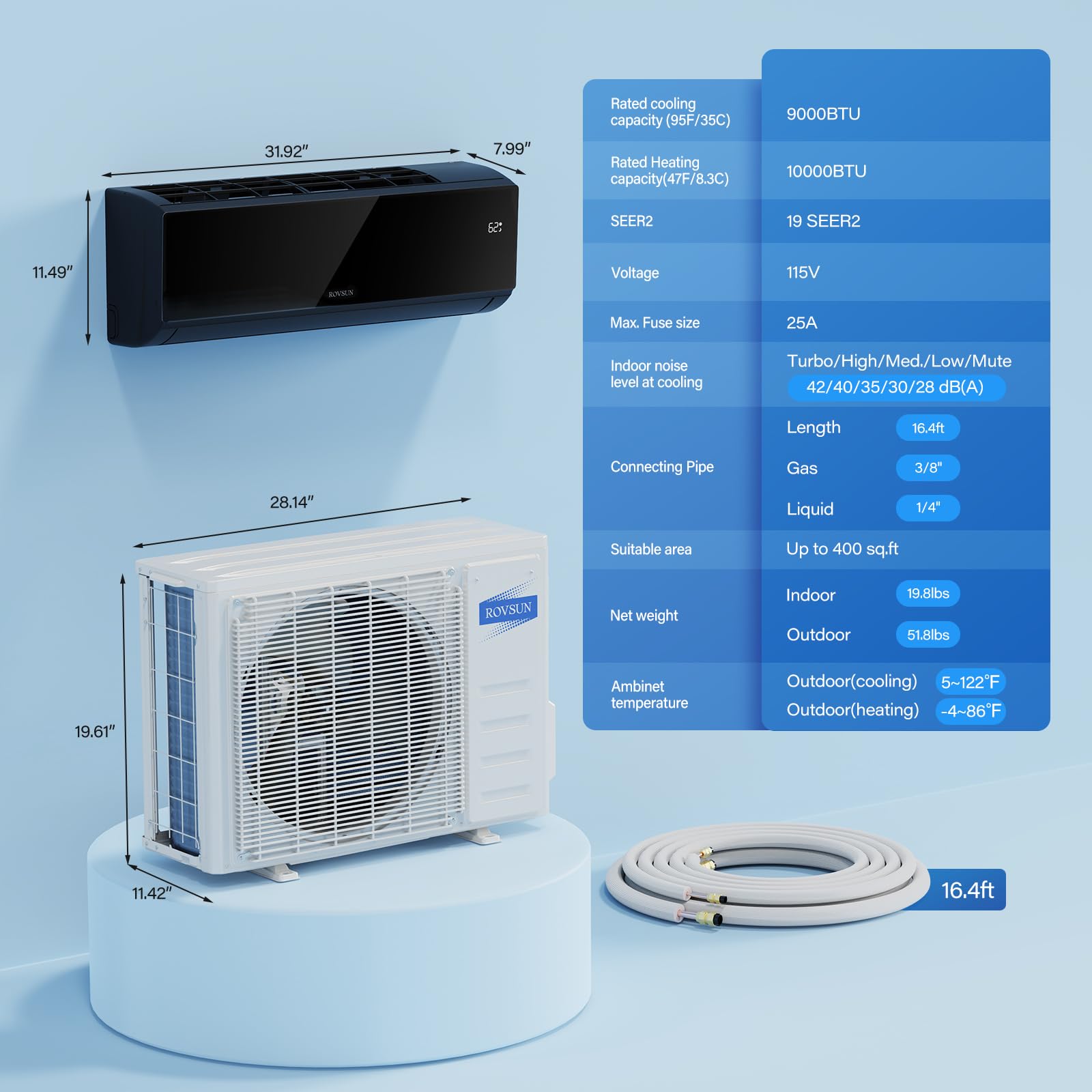 ROVSUN 9,000 BTU 19 SEER2 115V Mini Split Air Conditioner with Heat Pump Ductless Inverter & Install Kit Black