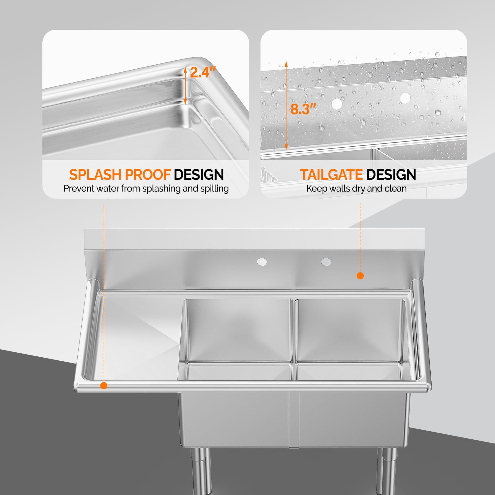 ROVSUN 43" x 20" 2 Compartment 304 Stainless Steel Sink with Right Side Drainboard
