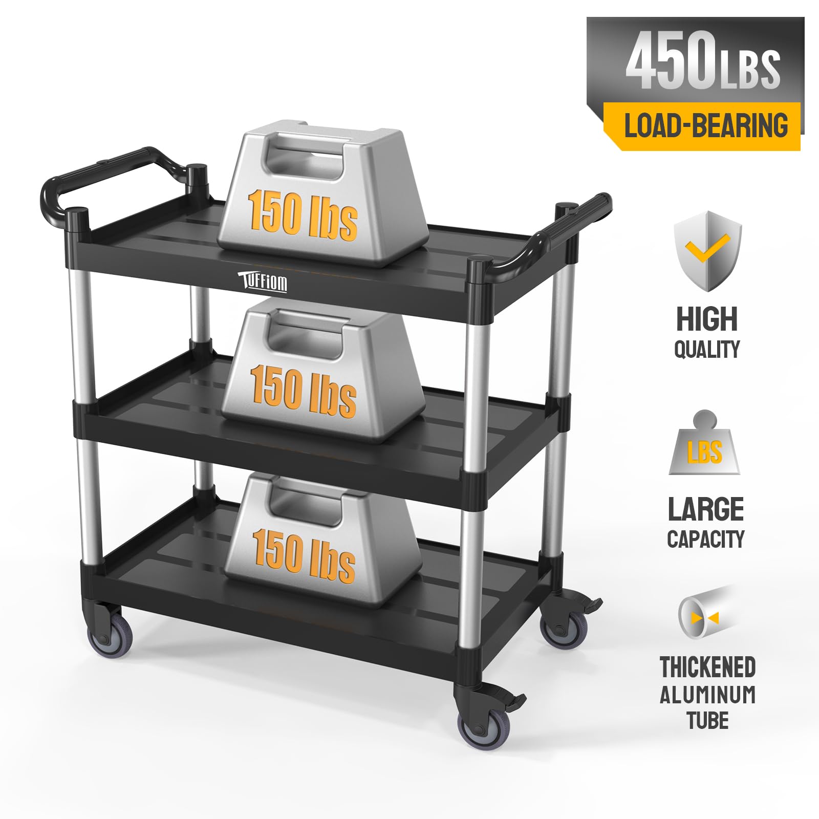 3-Tier 40" x 20" 450 lb. Capacity Plastic Utility Cart/Bussing Cart Black