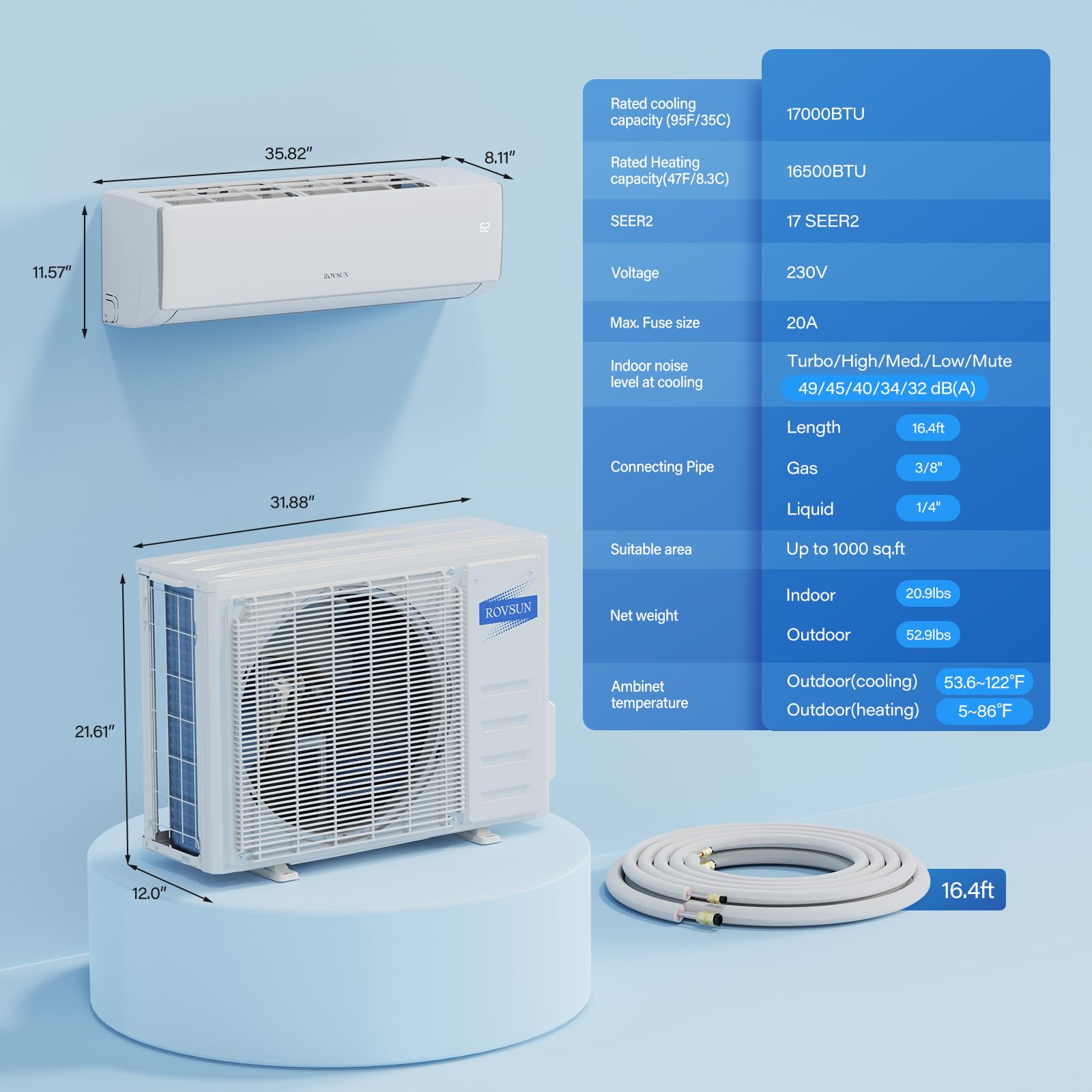 ROVSUN 17,000 BTU 17 SEER2 230V Mini Split Air Conditioner with Heat Pump Ductless Inverter & Install Kit