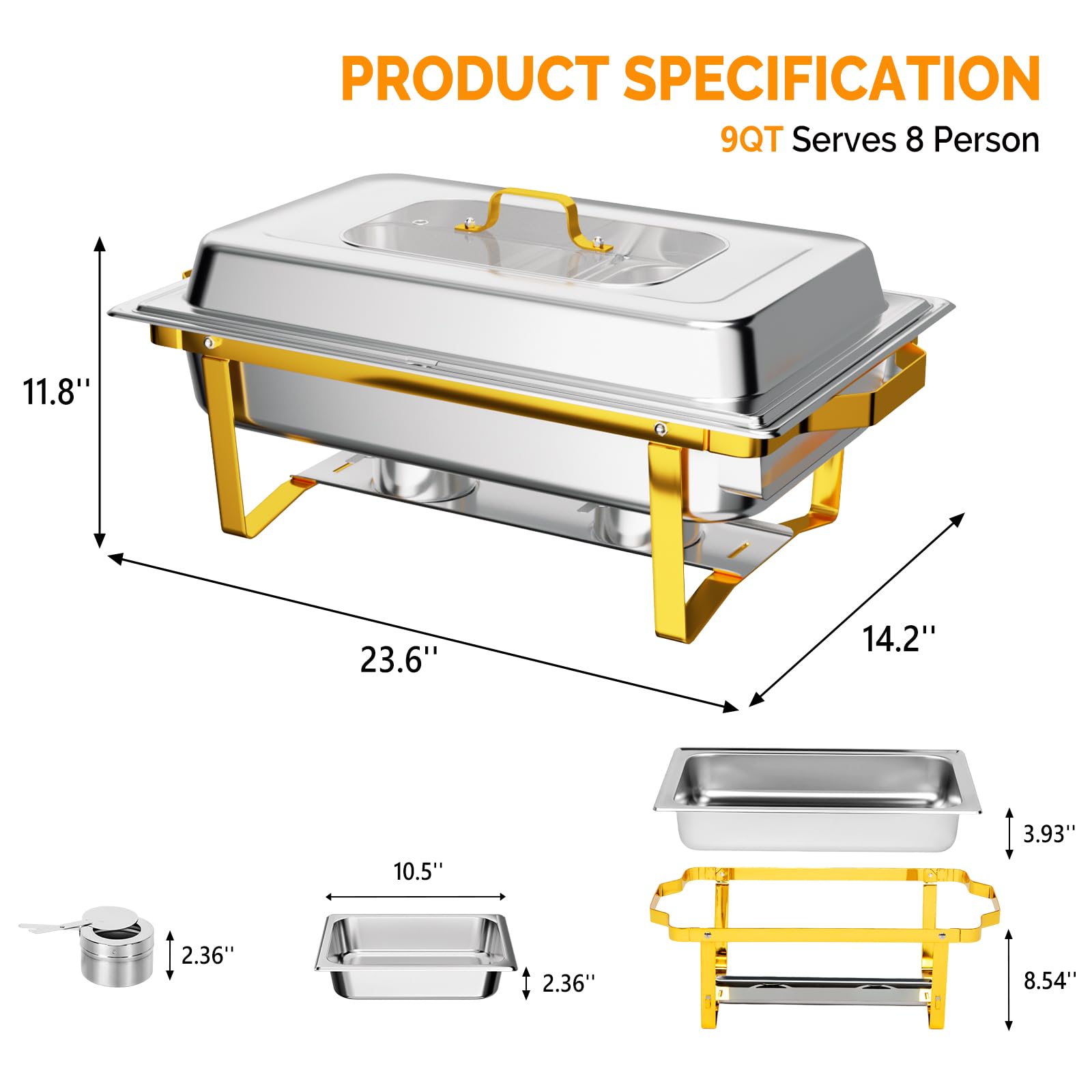ROVSUN 9 QT Rectangle Chafing Dish Set with Glass Lid & 2 Half Size Pan