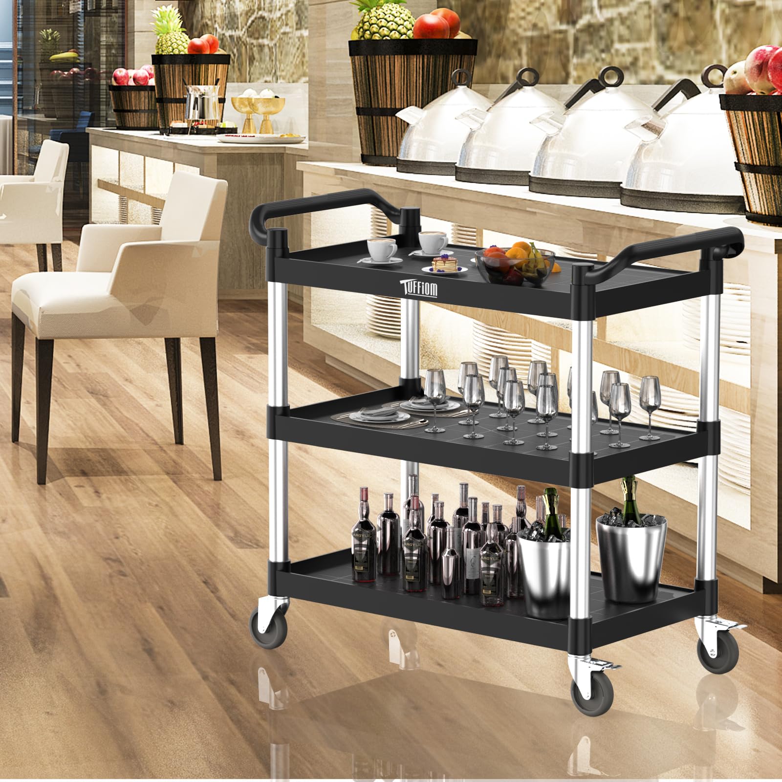 3-Tier 40" x 20" 450 lb. Capacity Plastic Utility Cart/Bussing Cart Black