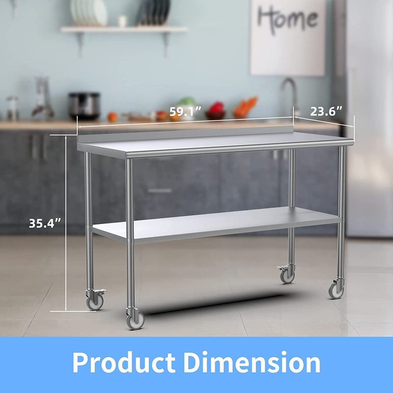 ROVSUN 60 x 24 Inches Kitchen Stainless Steel Table Heavy Duty Prep Work Table with Caster & Backsplash & Undershelf