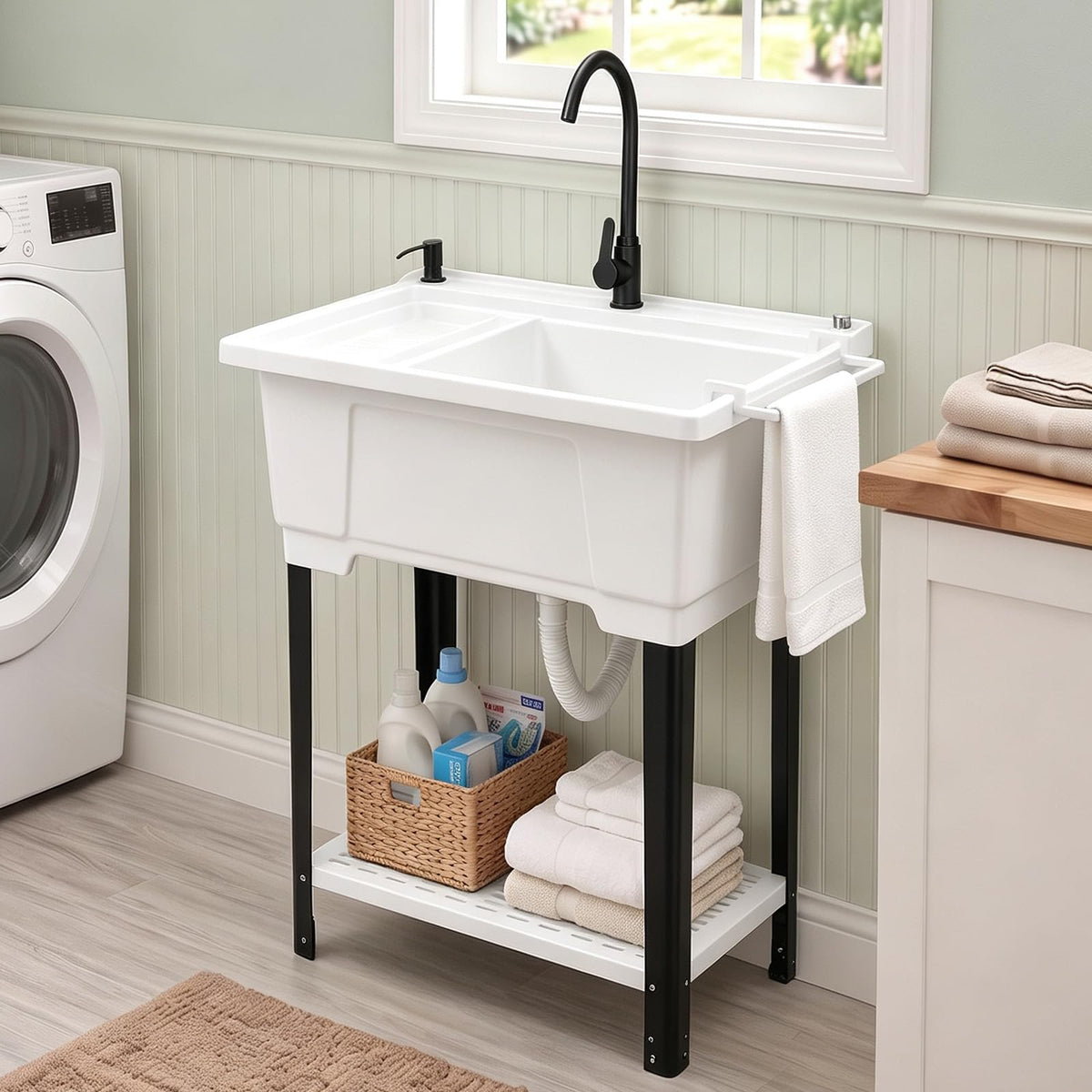 ROVSUN 32" X 22" Freestanding Pet Washing Station Utility Sink White
