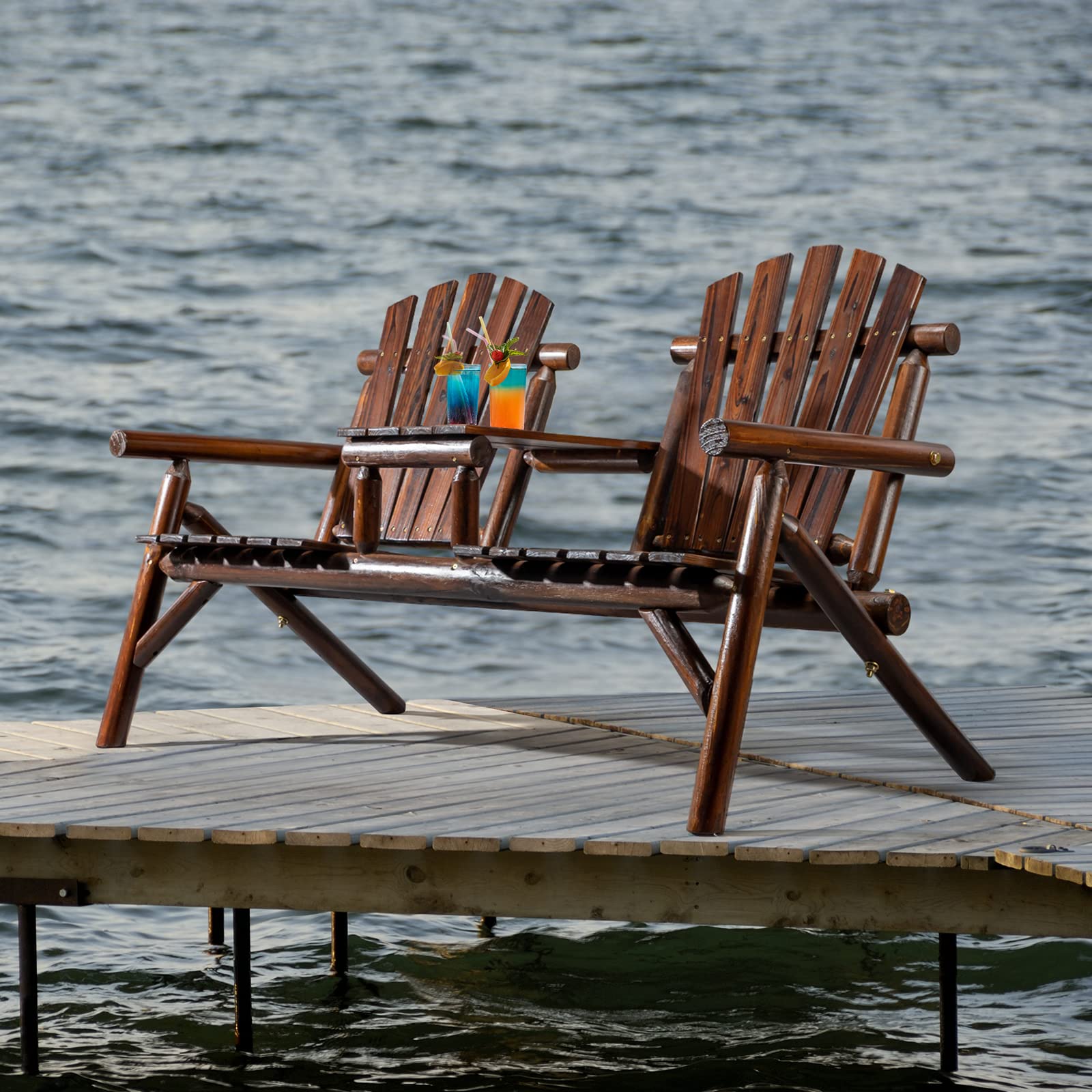 61" Outdoor Bench Adirondack Bench with Built-in Table