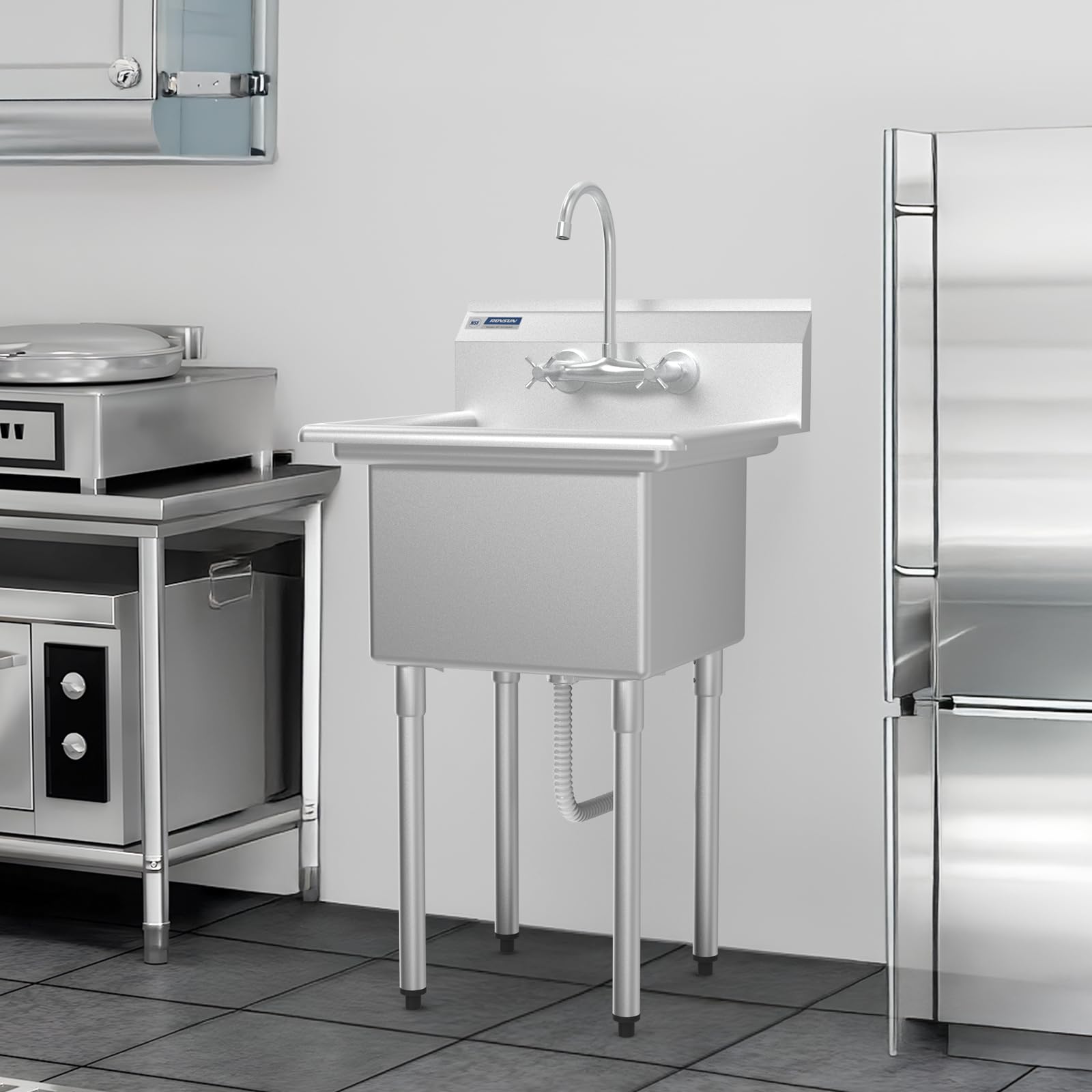 ROVSUN 24" x 24" 1 Compartment 304 Stainless Steel Sink with Backsplash