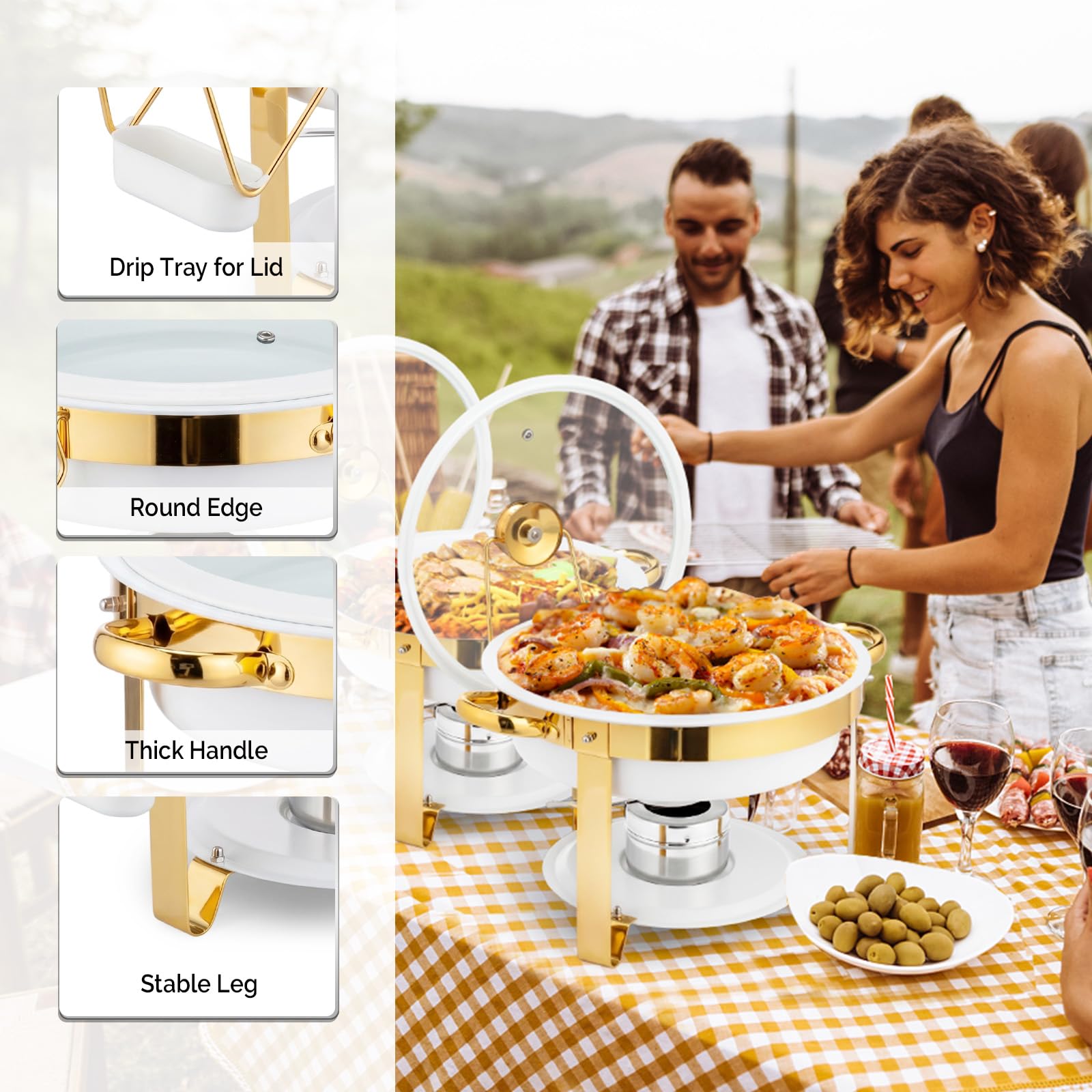 ROVSUN 5 QT Round White-Gold Chafing Dish Buffet Set with Lid Holder