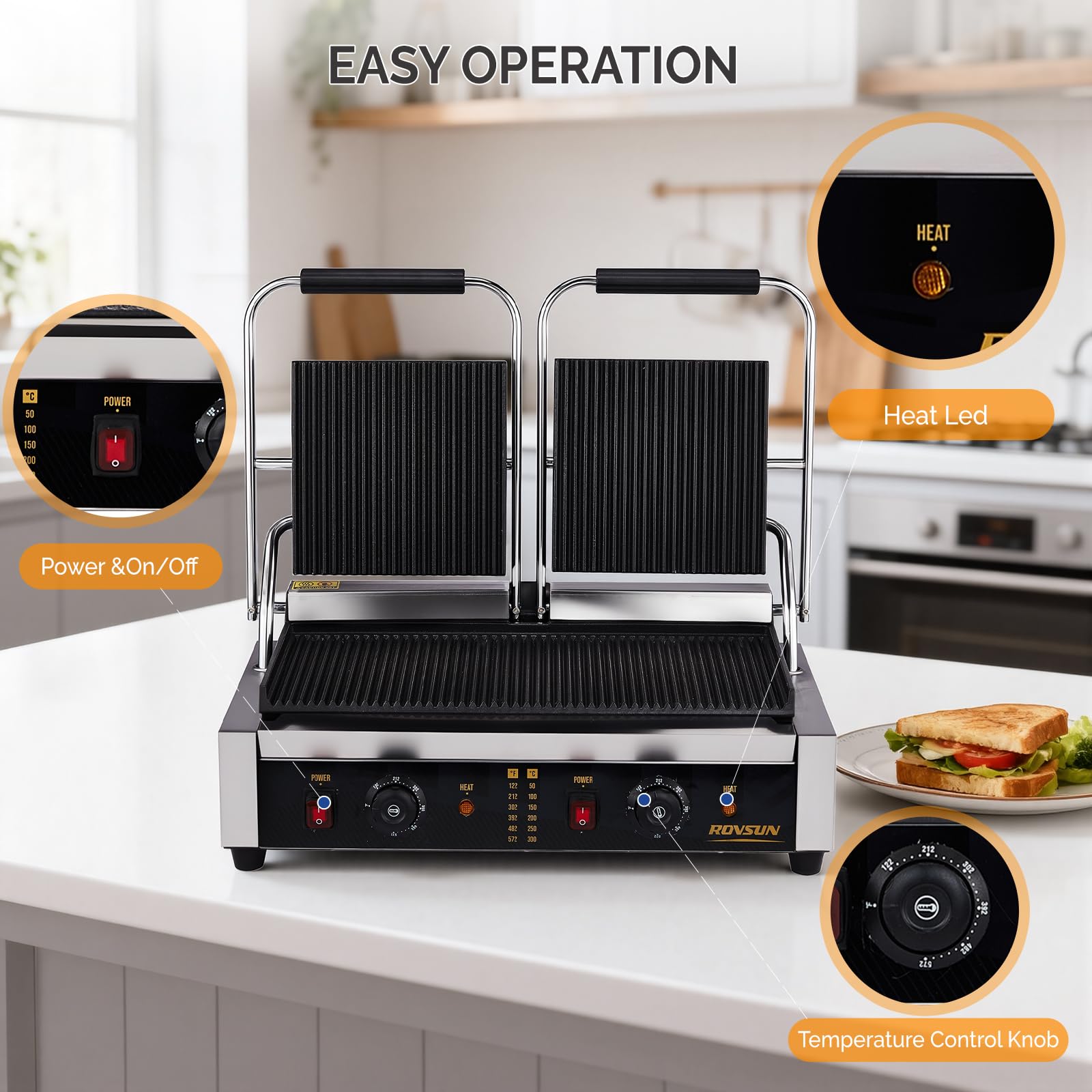 ROVSUN 22" 3600W 110V Commercial Panini Press Grill with Adjustable Temp