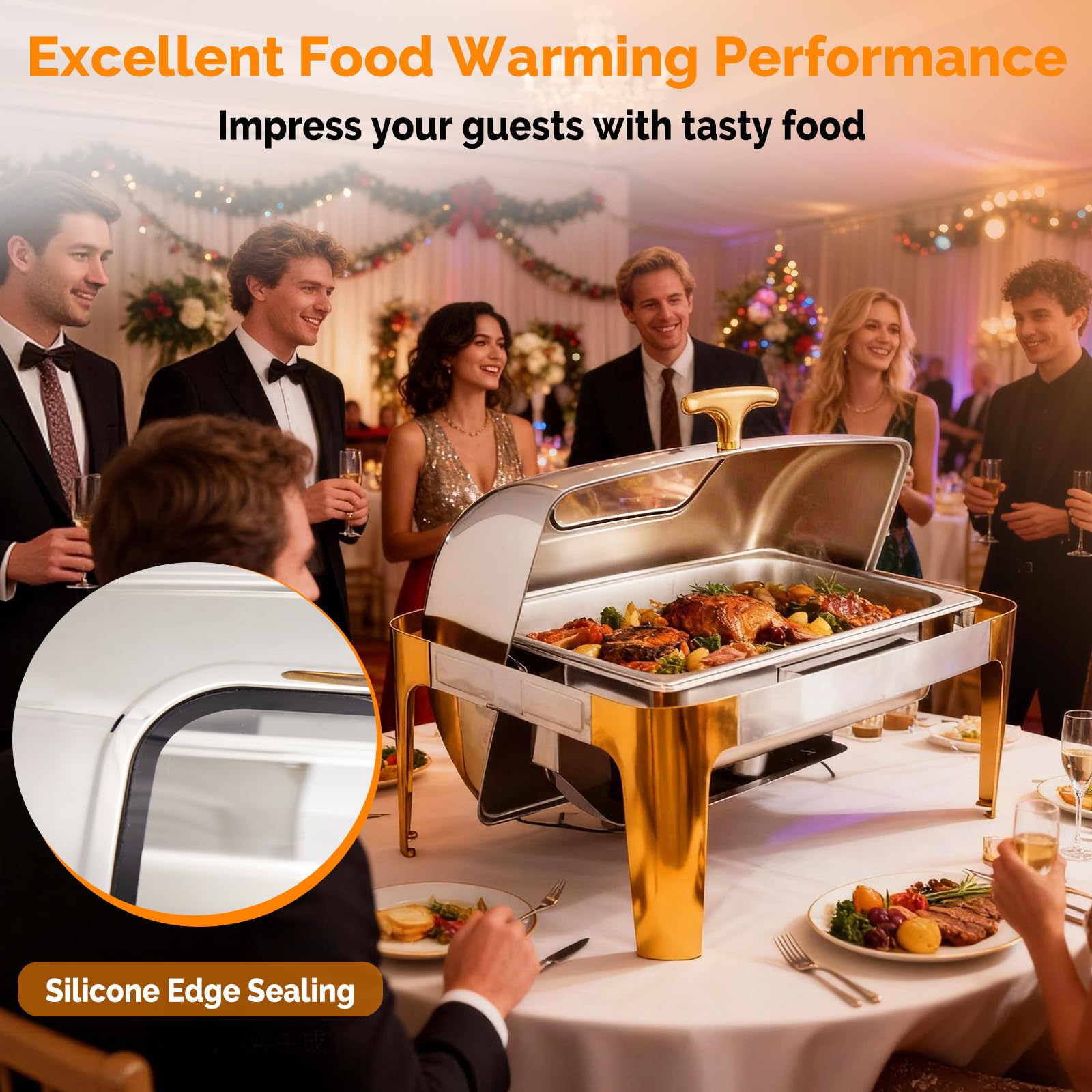 ROVSUN 9 QT Roll Top Rectangular Silver-Gold Chafing Dish Buffet Set with Visible Window
