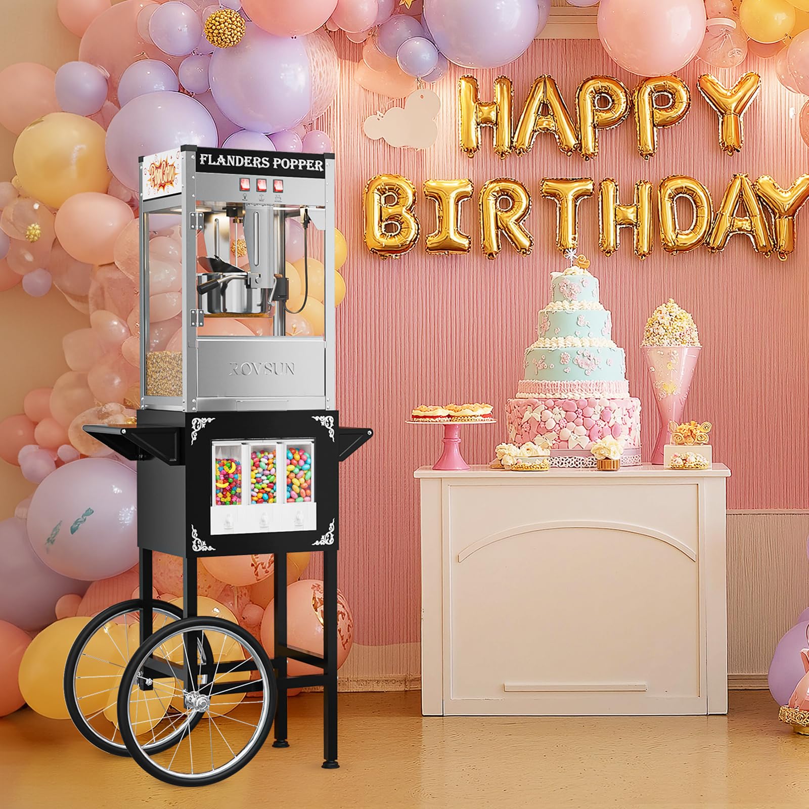 ROVSUN 10 oz Kettle 800W 120V Popcorn Machine Cart with Candy Dispenser Black
