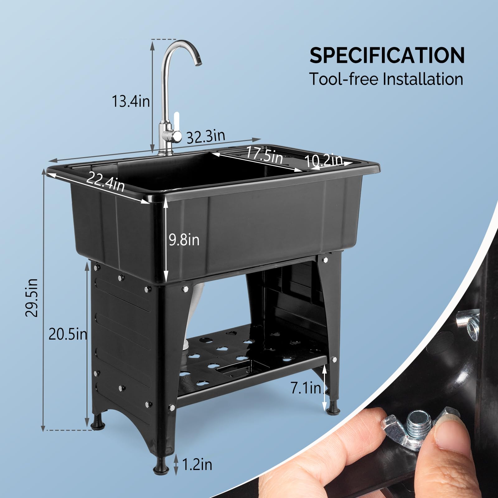 ROVSUN 32" x 22" Utility Sink Laundry Tub with Faucet & Shelf & Drainboard Black