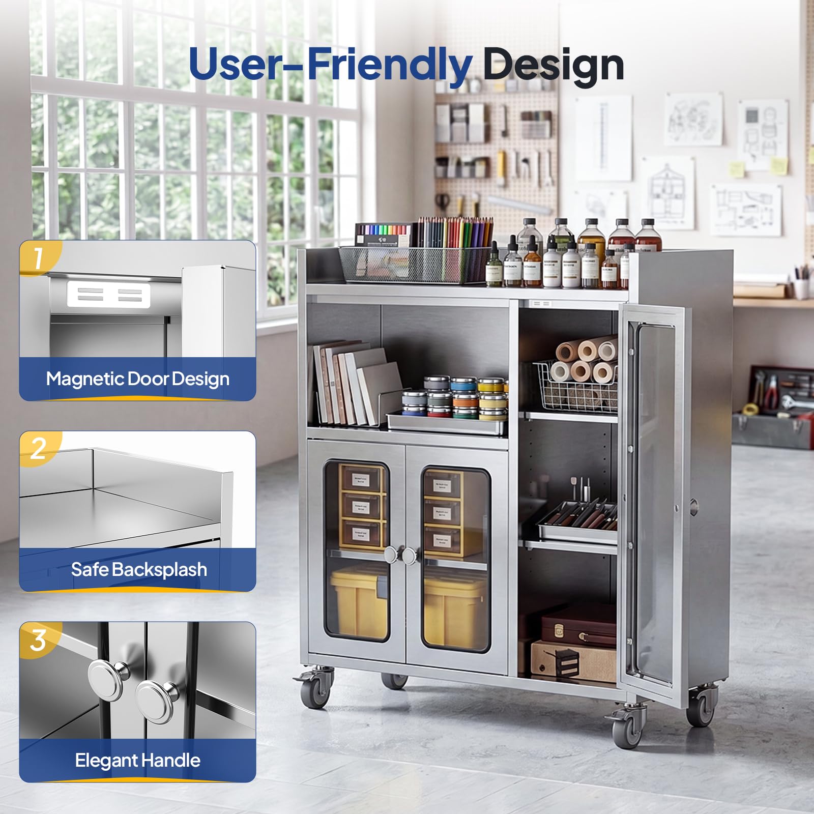 ROVSUN 35" x 16" Stainless Steel Table with Cabinet & Wheels