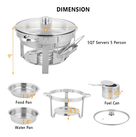 ROVSUN 5 QT Round Silver Chafing Dish Set with Glass Lid & Lid Holder Silver