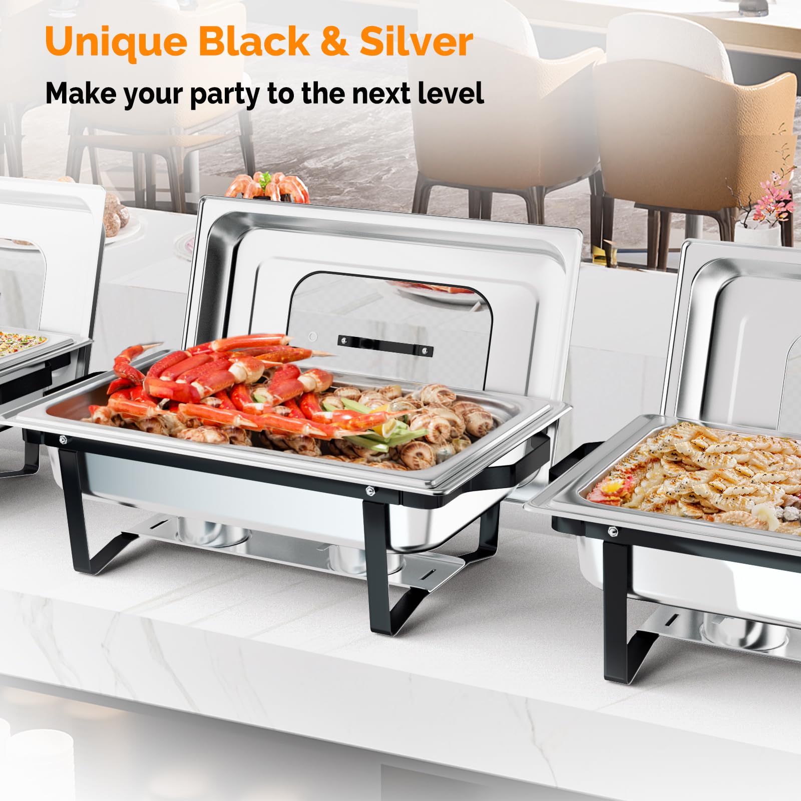 ROVSUN 9 QT Black-Silver Chafing Dish Buffet Set with Glass Lid & Full-Size Pans