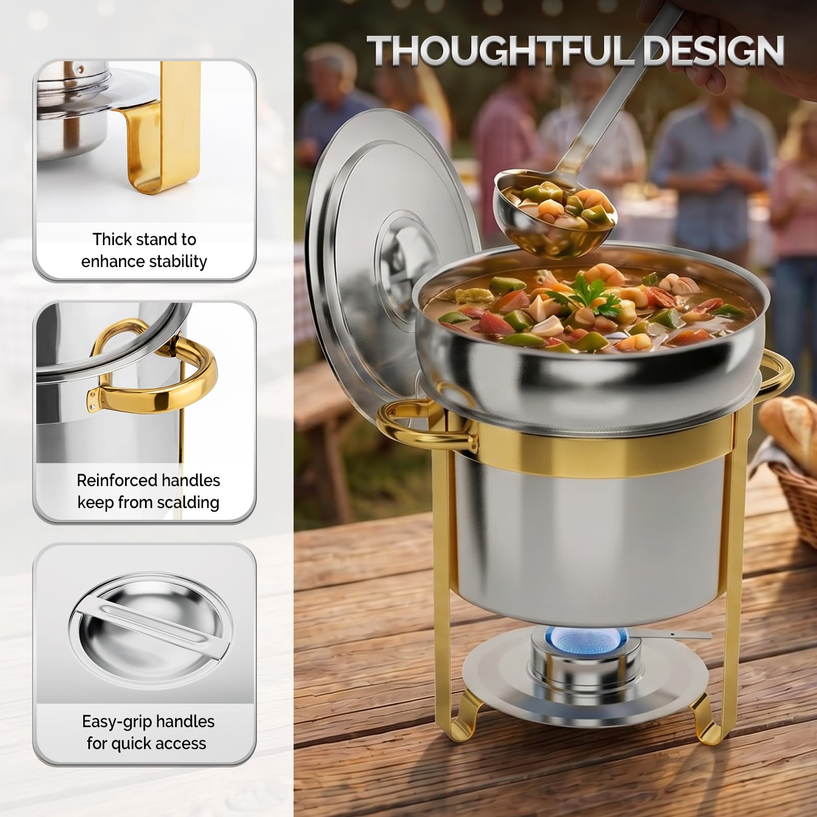 ROVSUN 11 QT Round Silver-Gold Buffet Soup Chafer with Lid Holder