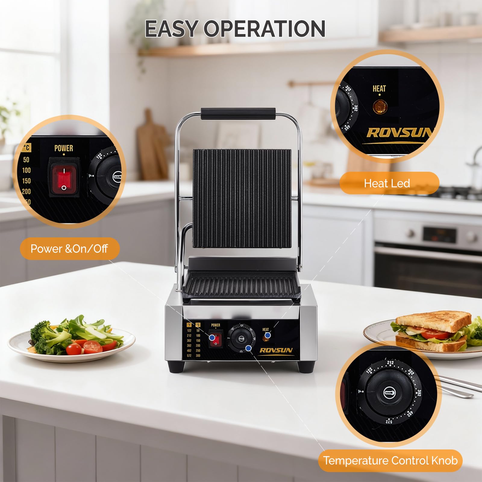 ROVSUN 12" 1800W 110V Commercial Panini Press Grill with Adjustable Temp