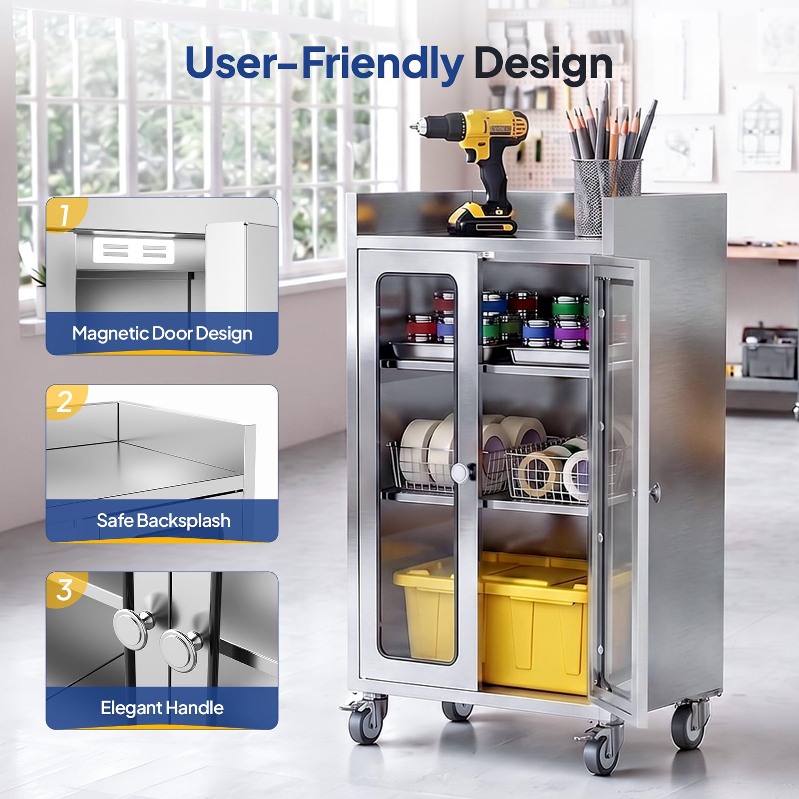 ROVSUN 24" x 16" Stainless Steel Table with Cabinet & Wheels