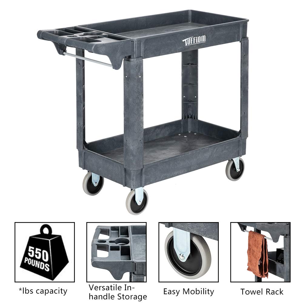 2-Tier 40" x 17" 550 lb. Capacity Plastic Utility Cart with Wheels Grey