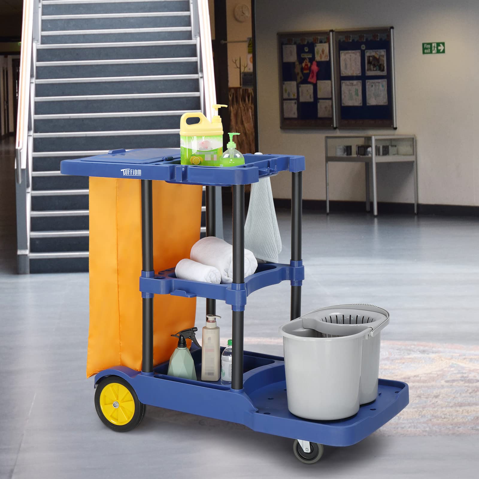3-Tier 500 LBS Capacity Janitorial Cart with 22 Gallon Bag Blue