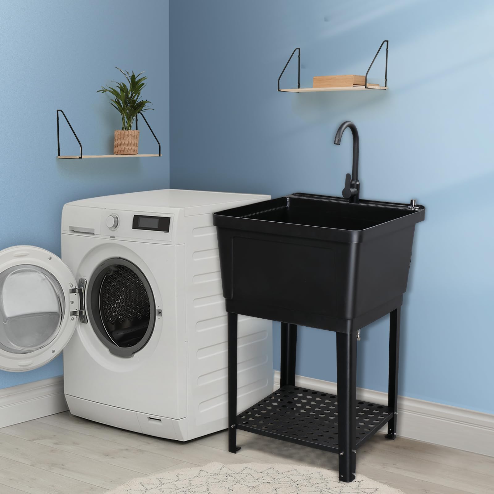 ROVSUN 24" x 24" Plastic Utility Sink with Storage Shelf Black