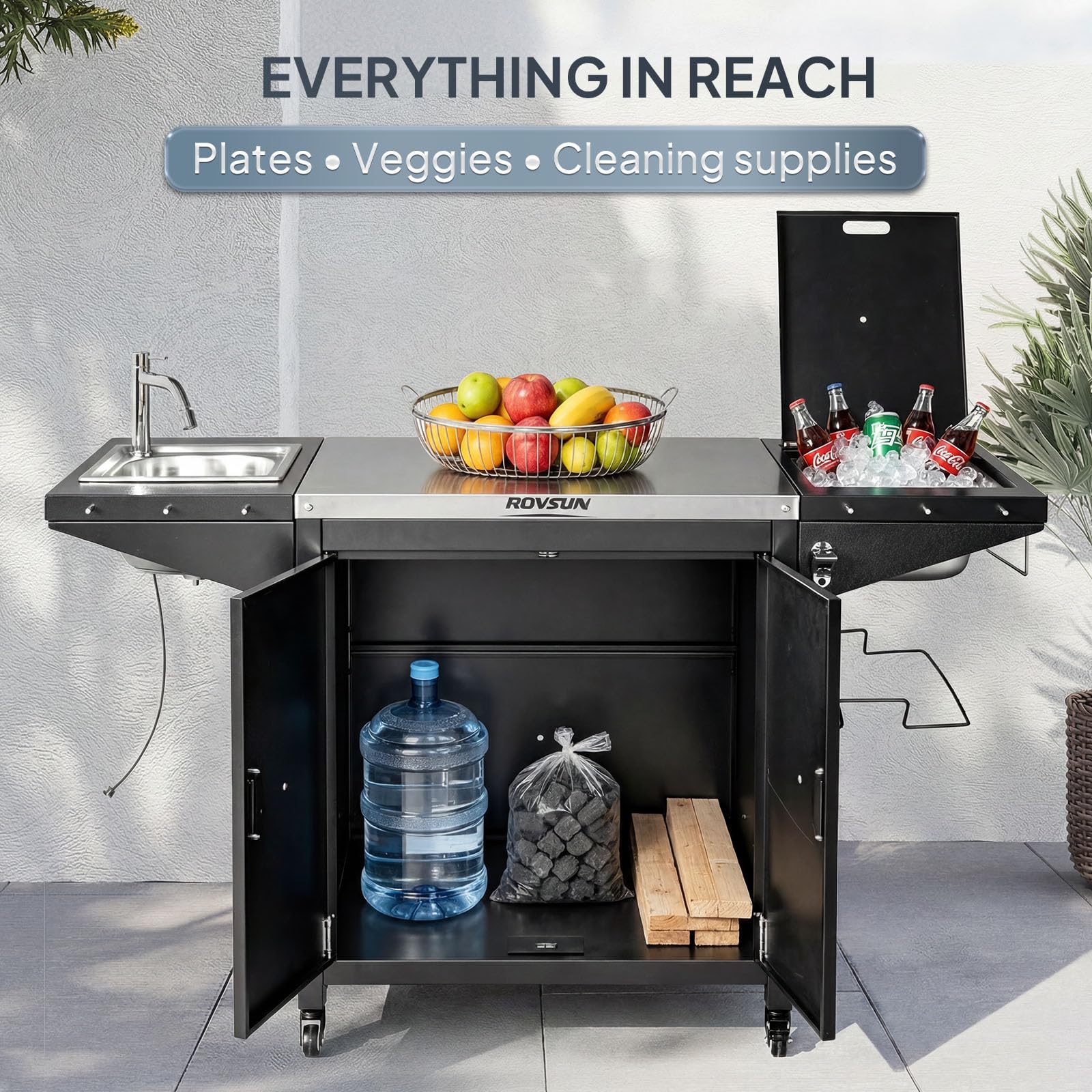 ROVSUN 61" Outdoor Grill Cart with Sink & Cold Drink Refrigerated Area