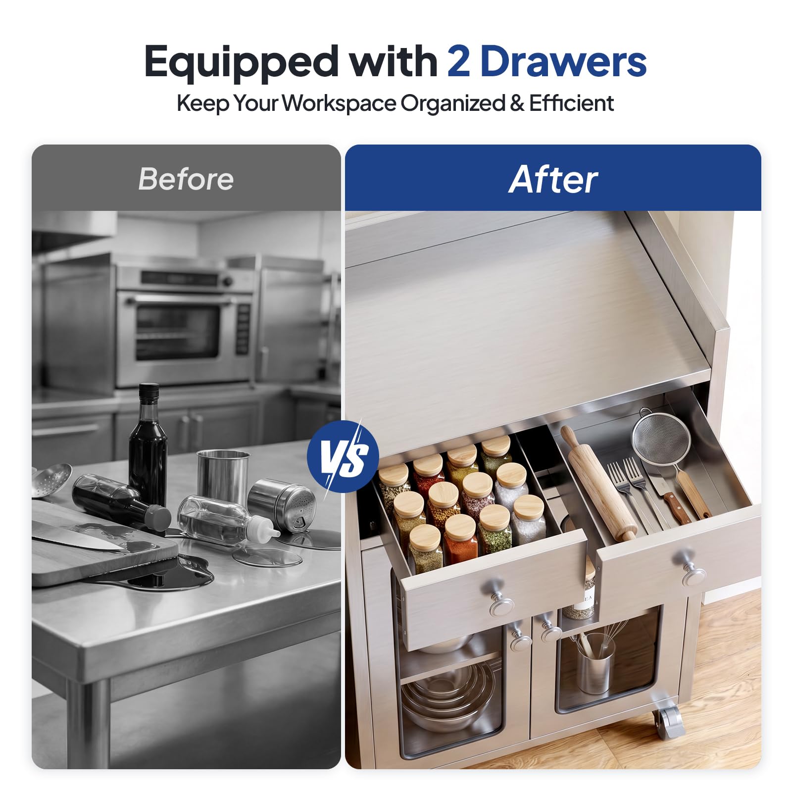 ROVSUN 24" x 16" Stainless Steel Table with Drawers & Wheels