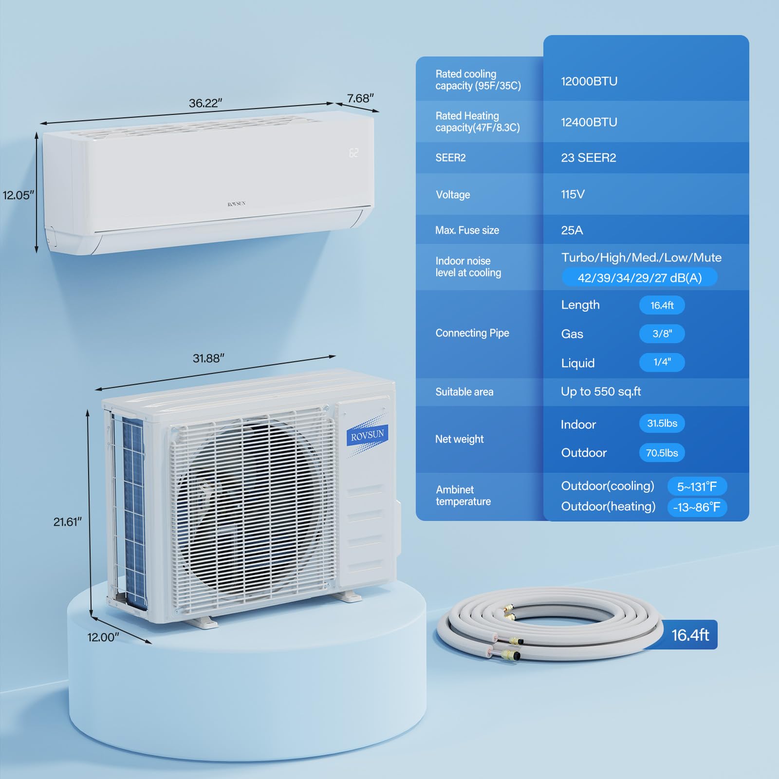 ROVSUN 12,000 BTU 23 SEER2 115V Mini Split Air Conditioner with Heat Pump Ductless Inverter & Install Kit