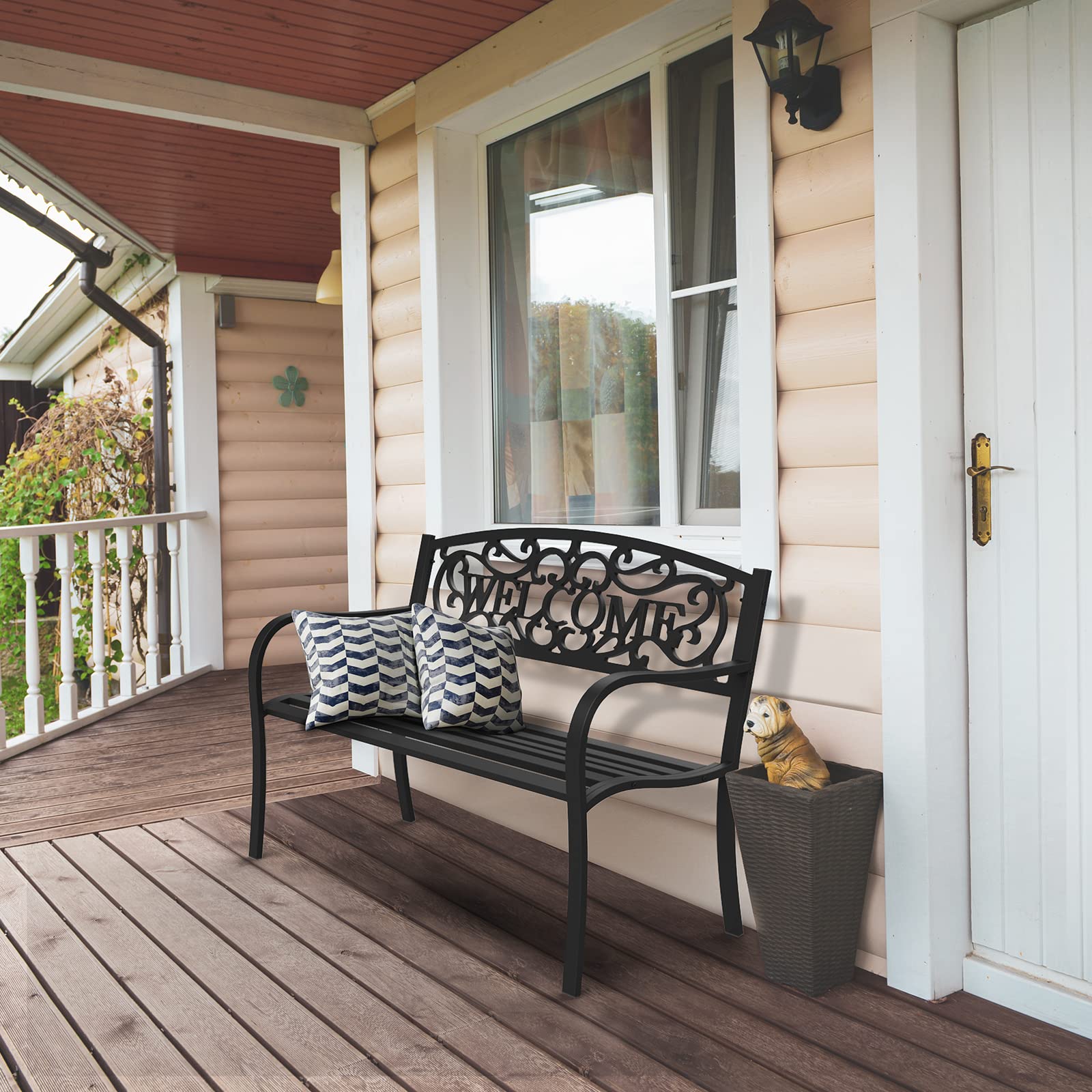 50" Outdoor Bench Metal with Welcome Back