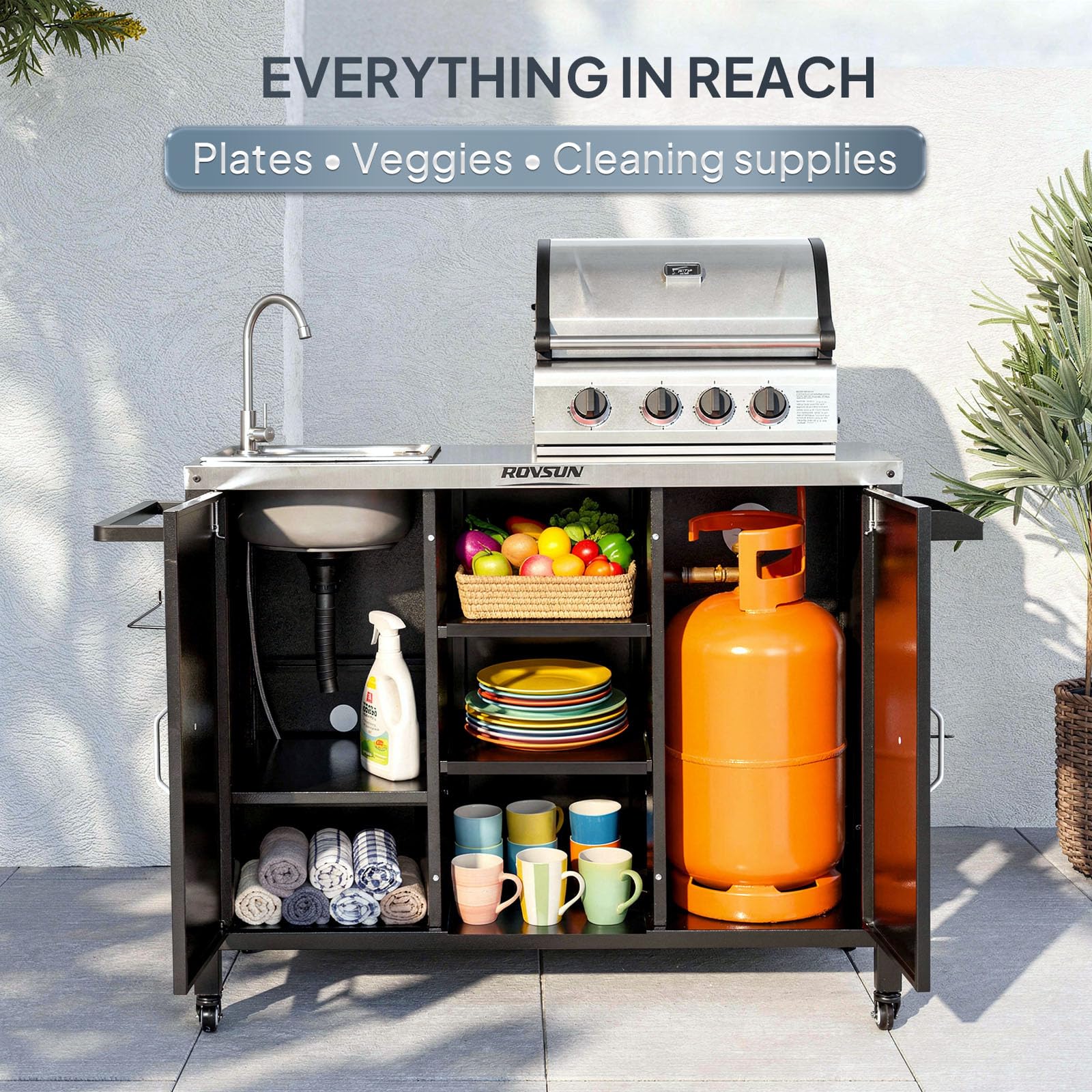 ROVSUN 62" Outdoor Grill Cart with Sink & with Gas Storage Area