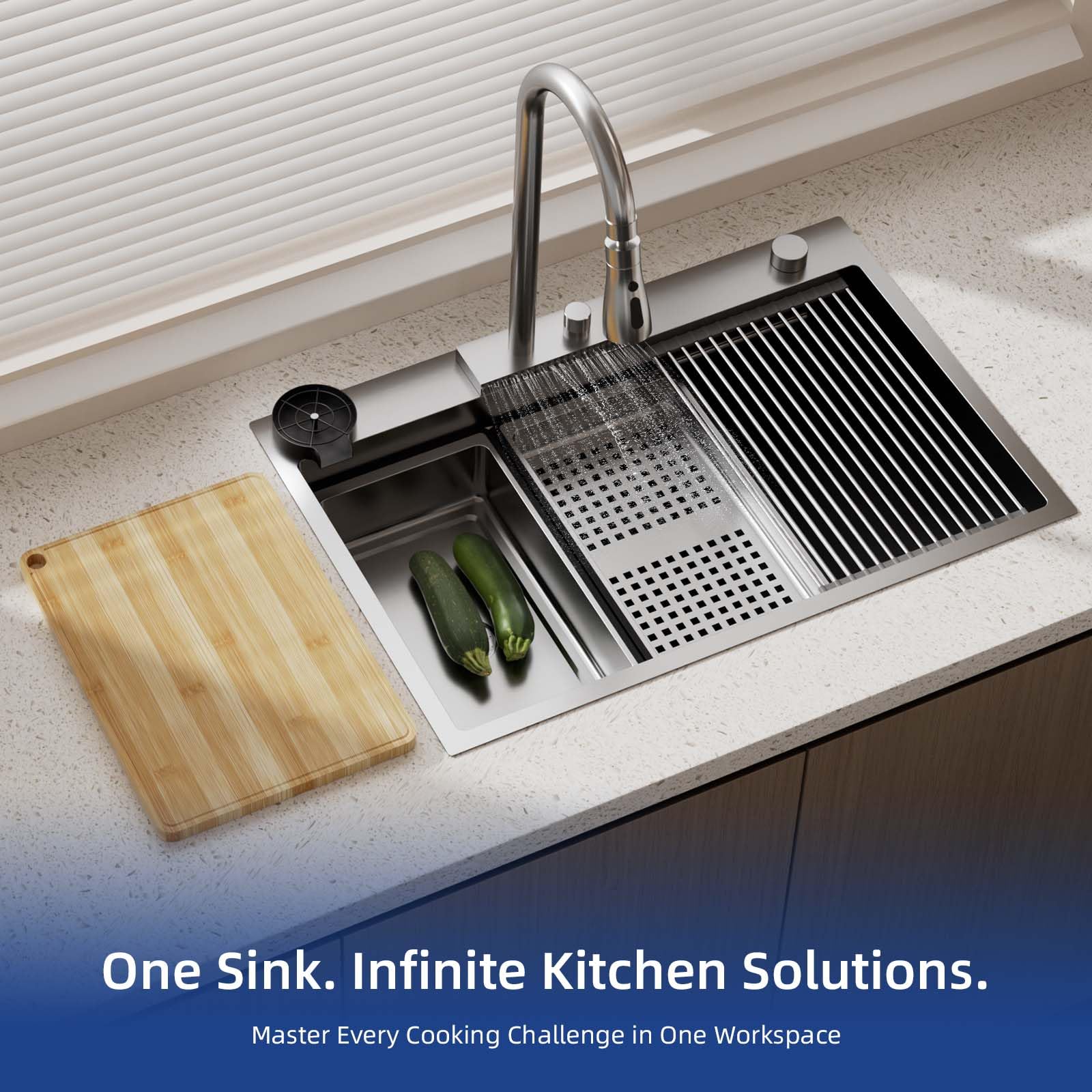 ROVSUN 33" x 22" Drop-in Waterfall Kitchen Sink with Right Drain Silver