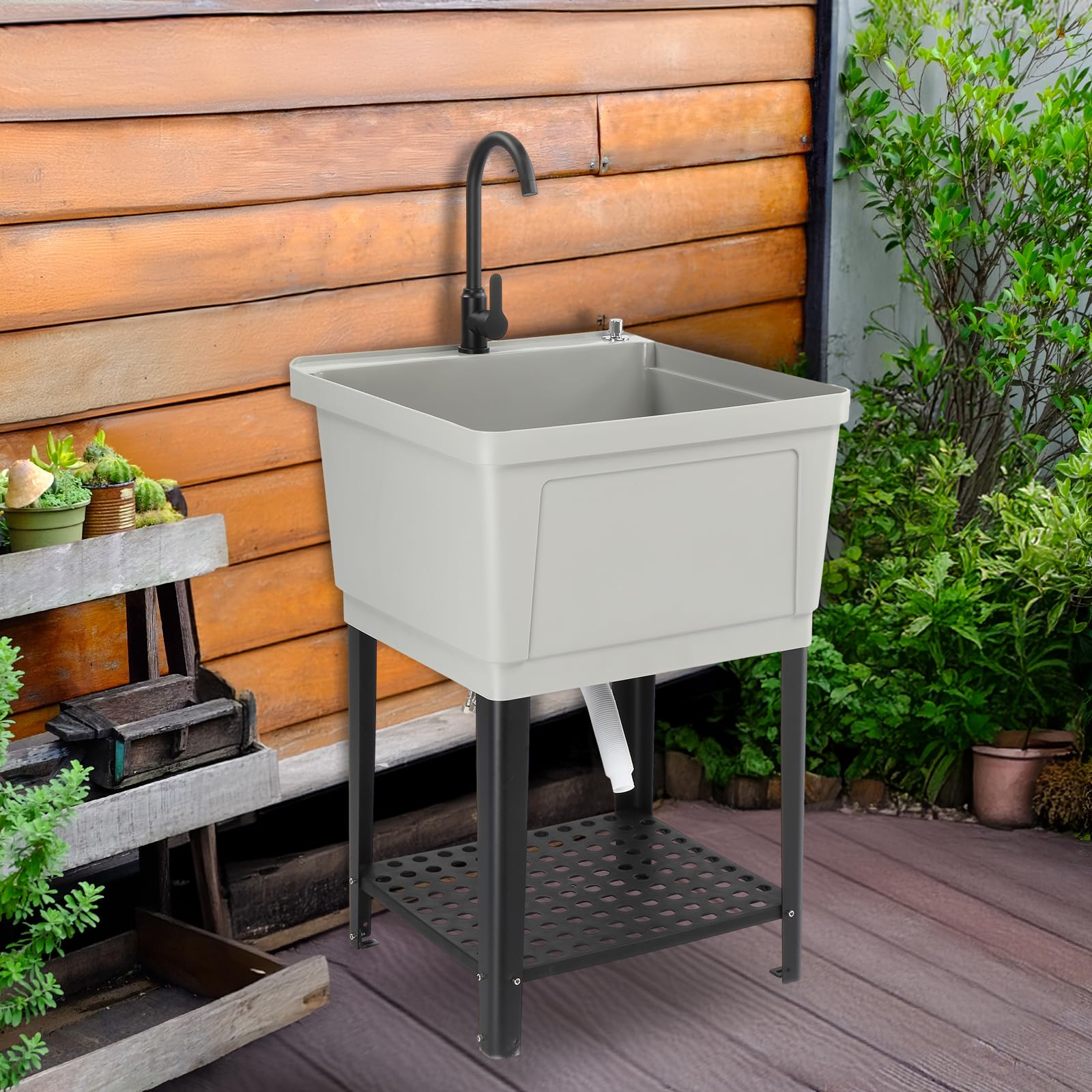 ROVSUN 24" X 24" Plastic Utility Sink with Faucet & Storage Shelf Gray