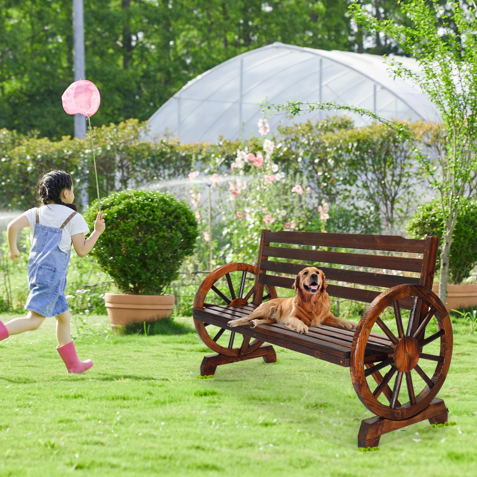 55" Outdoor Bench with Rustic Wooden Wheel