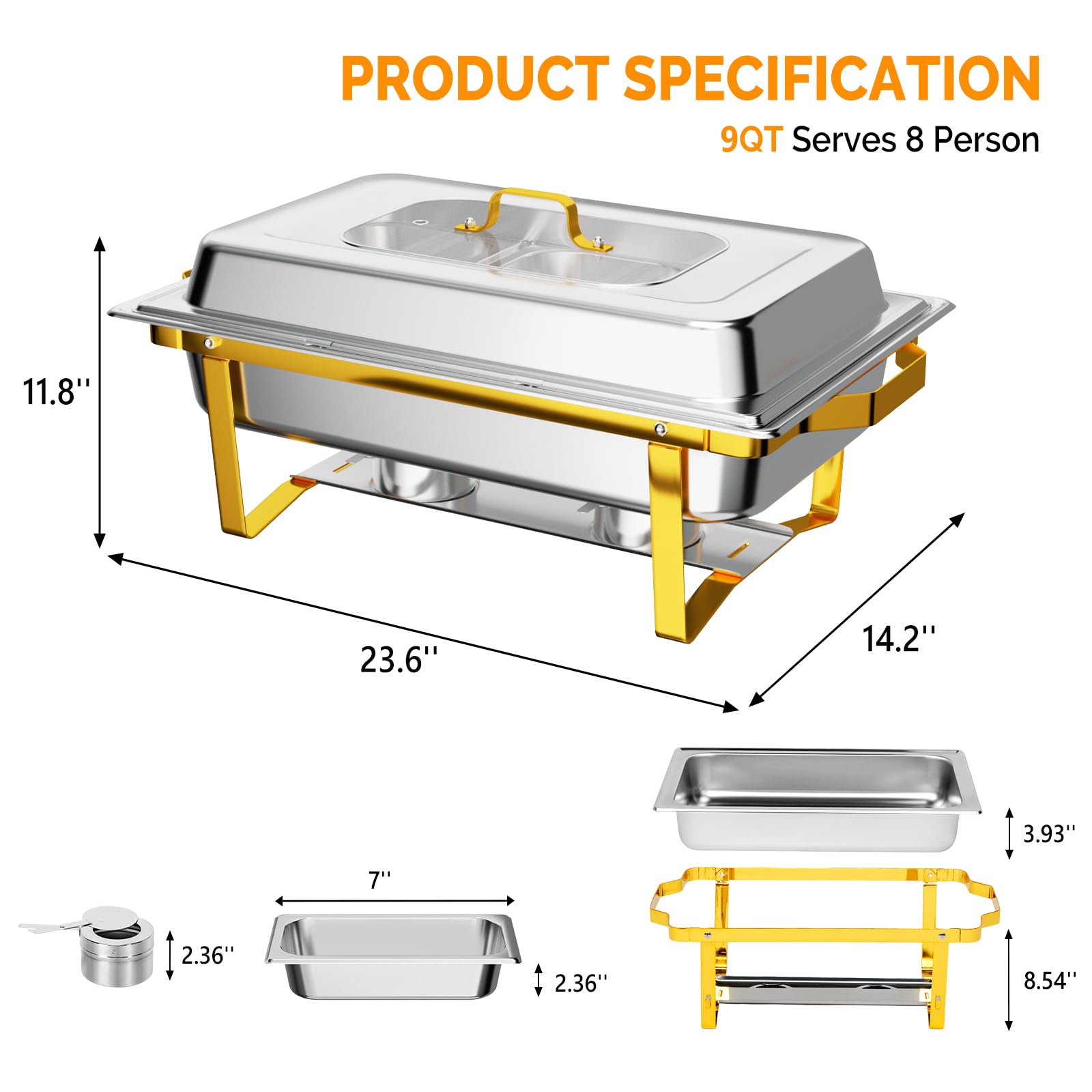 ROVSUN 9 QT Rectangle Chafing Dish Set with Glass Lid, Folding Frame & 3 1/3 Size Pan