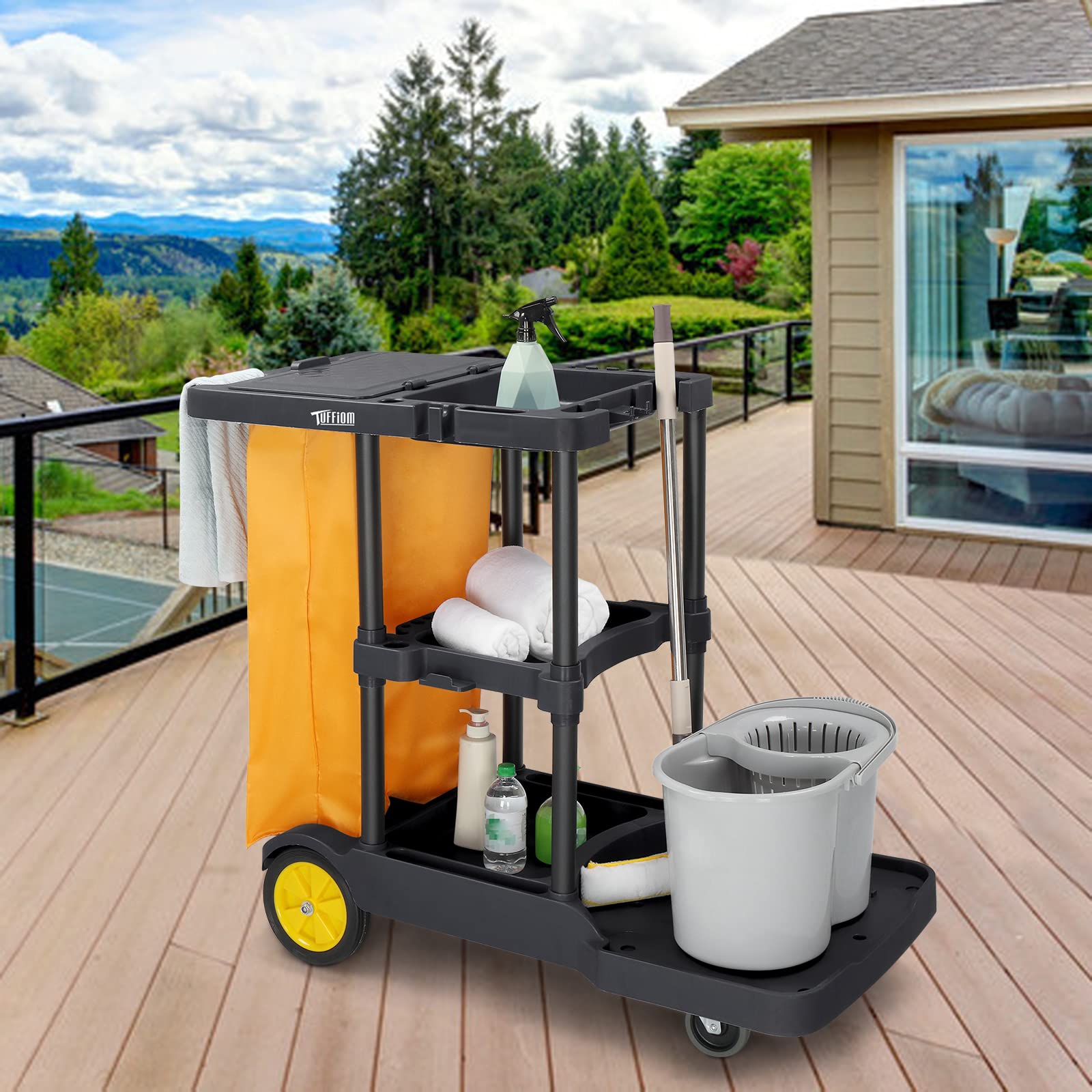 3-Tier 500 LBS Capacity Janitorial Cart with 22 Gallon Bag Black