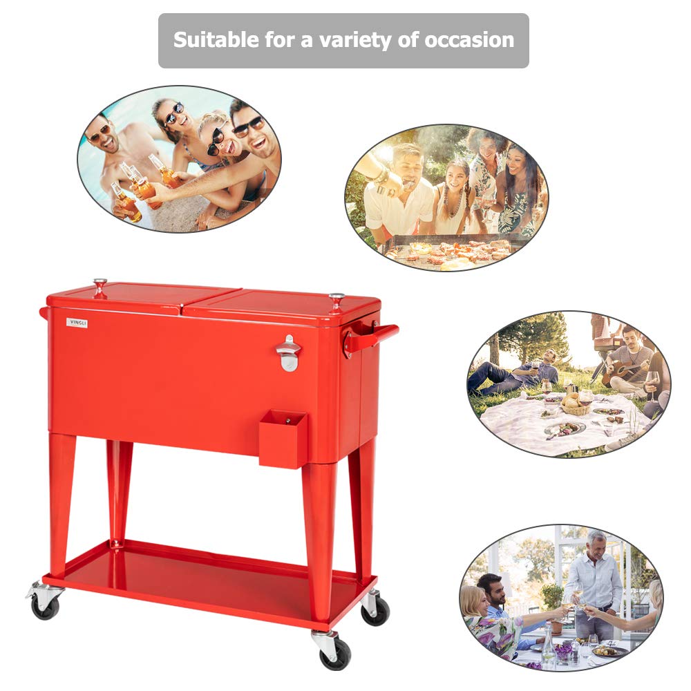 80 Quart Portable Outdoor Patio Rolling Cooler Cart Red