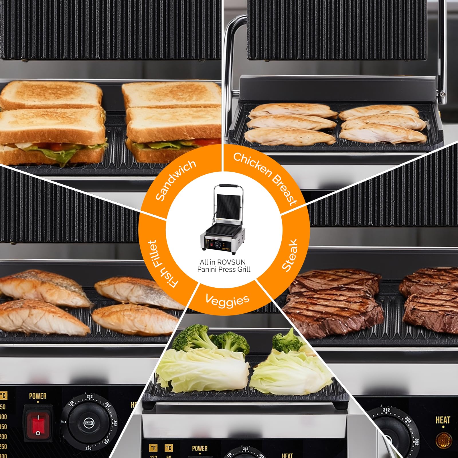 ROVSUN 12" 1800W 110V Commercial Panini Press Grill with Adjustable Temp