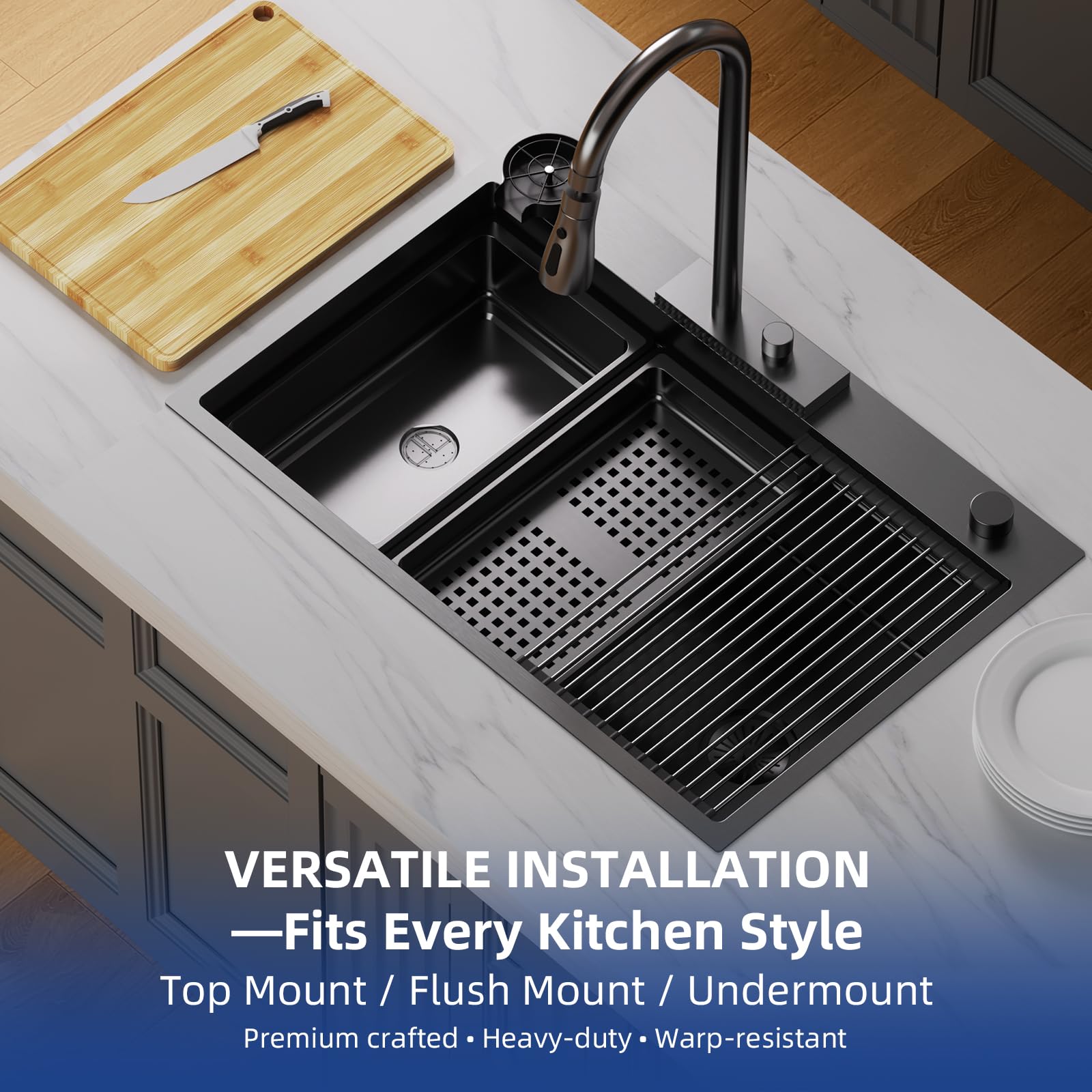 ROVSUN 33" x 22" Drop-in Waterfall Kitchen Sink with Left Drain Black