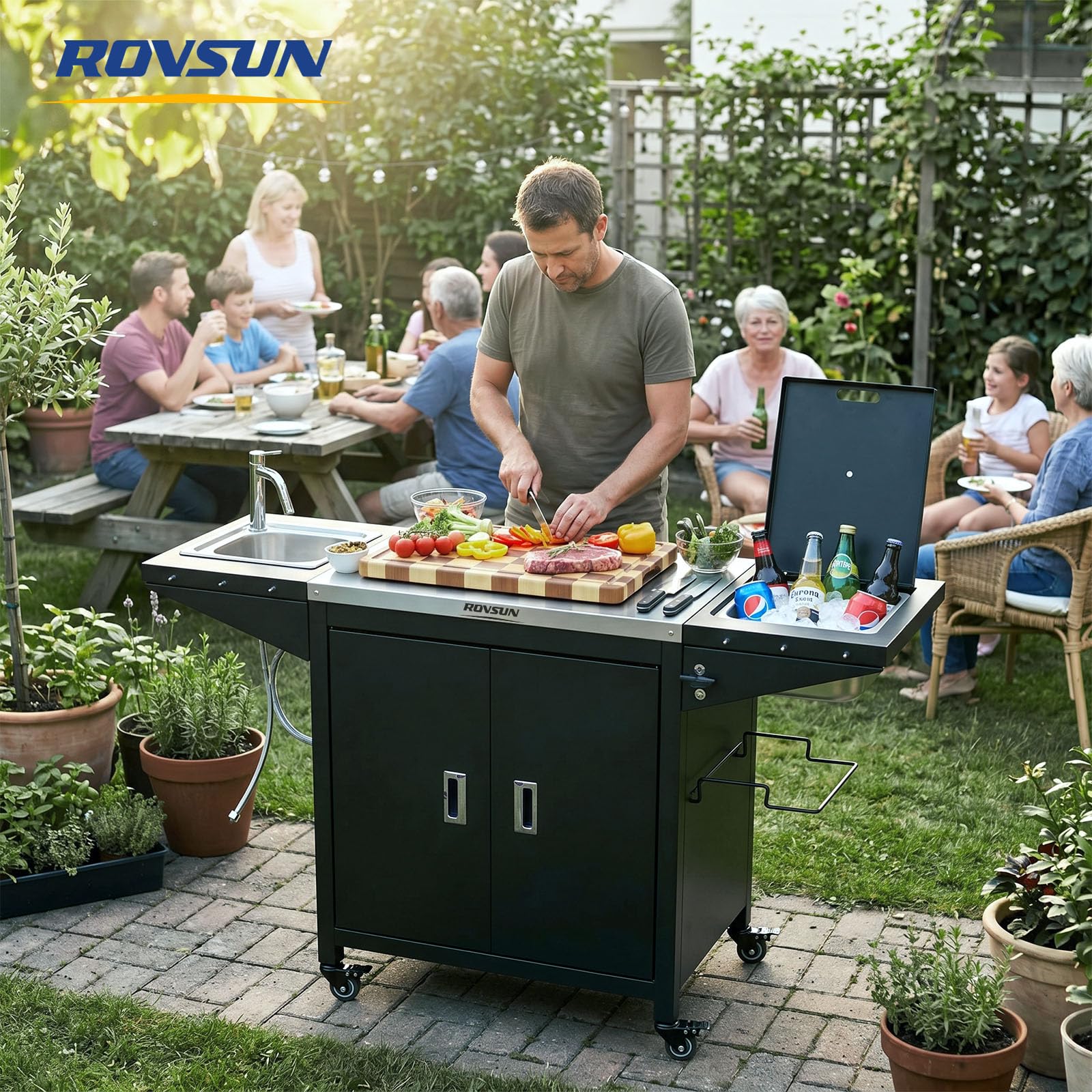ROVSUN 61" Outdoor Grill Cart with Sink & Cold Drink Refrigerated Area
