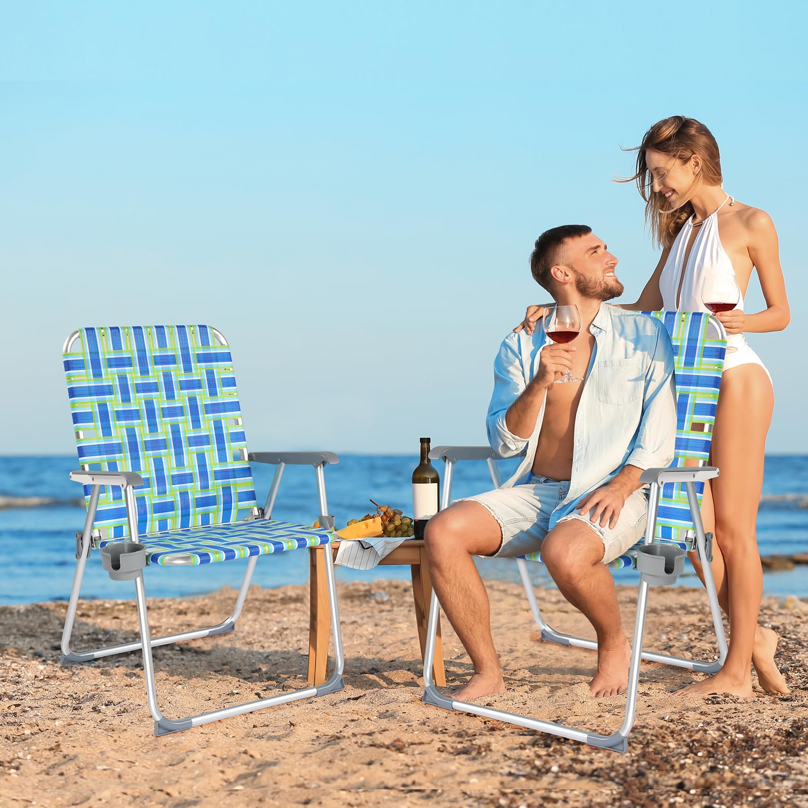Oversized Outdoor Folding Camping Beach Chair Set with Cup Holder Blue