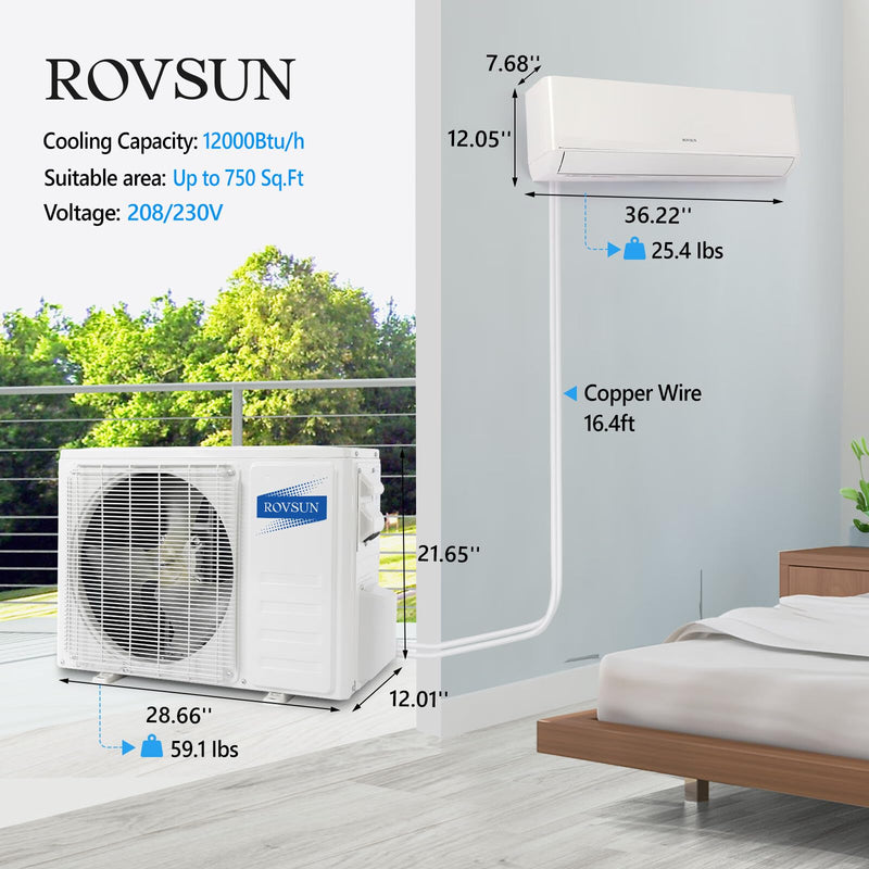ROVSUN 12000 BTU 23 SEER2 230V Wifi Enabled Ductless Mini Split Air Conditioner with Heat Pump Inverter & Install Kit