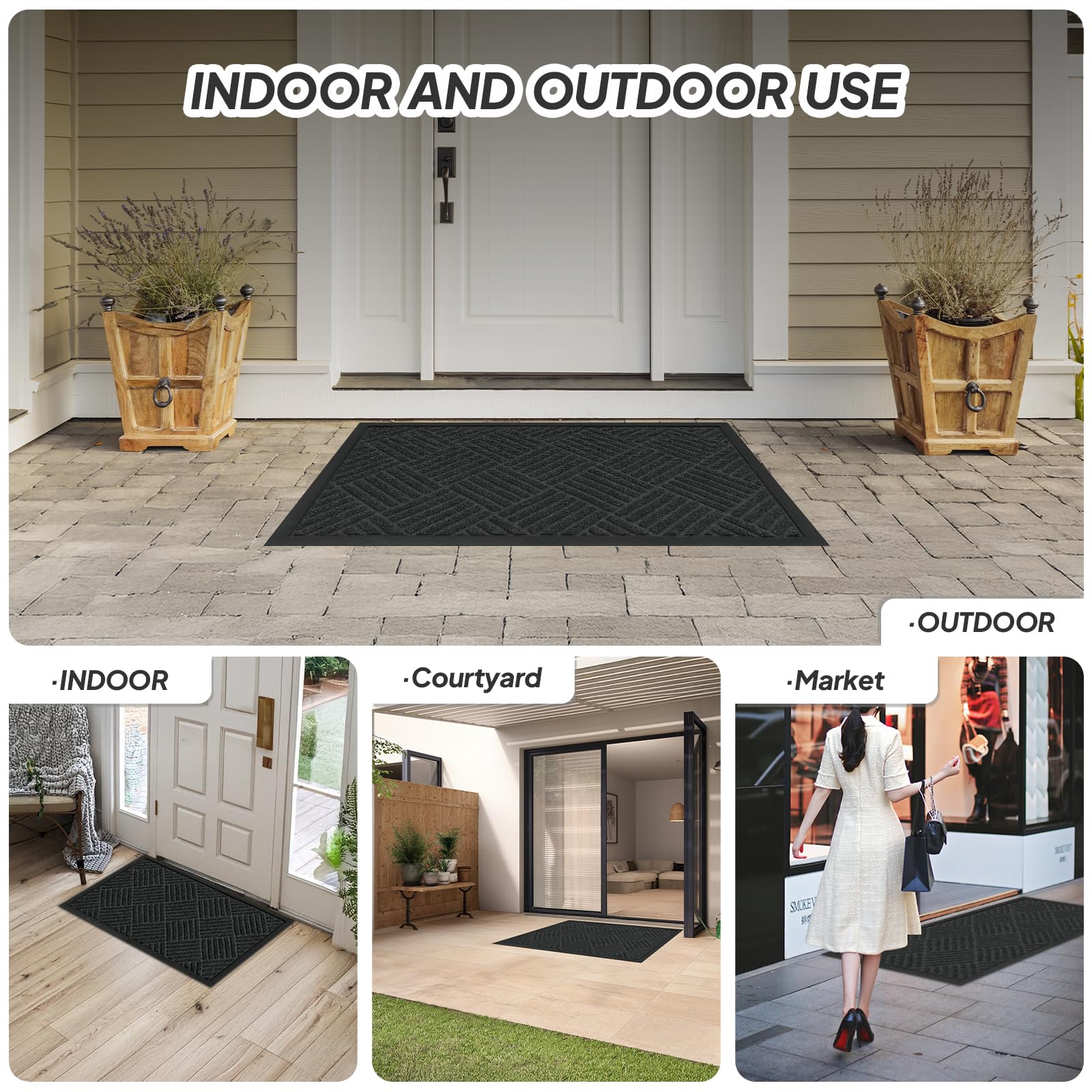 ROVSUN 29.5" × 17.7" Front Door Mat with Diamond Pattern Non-Slip Grey