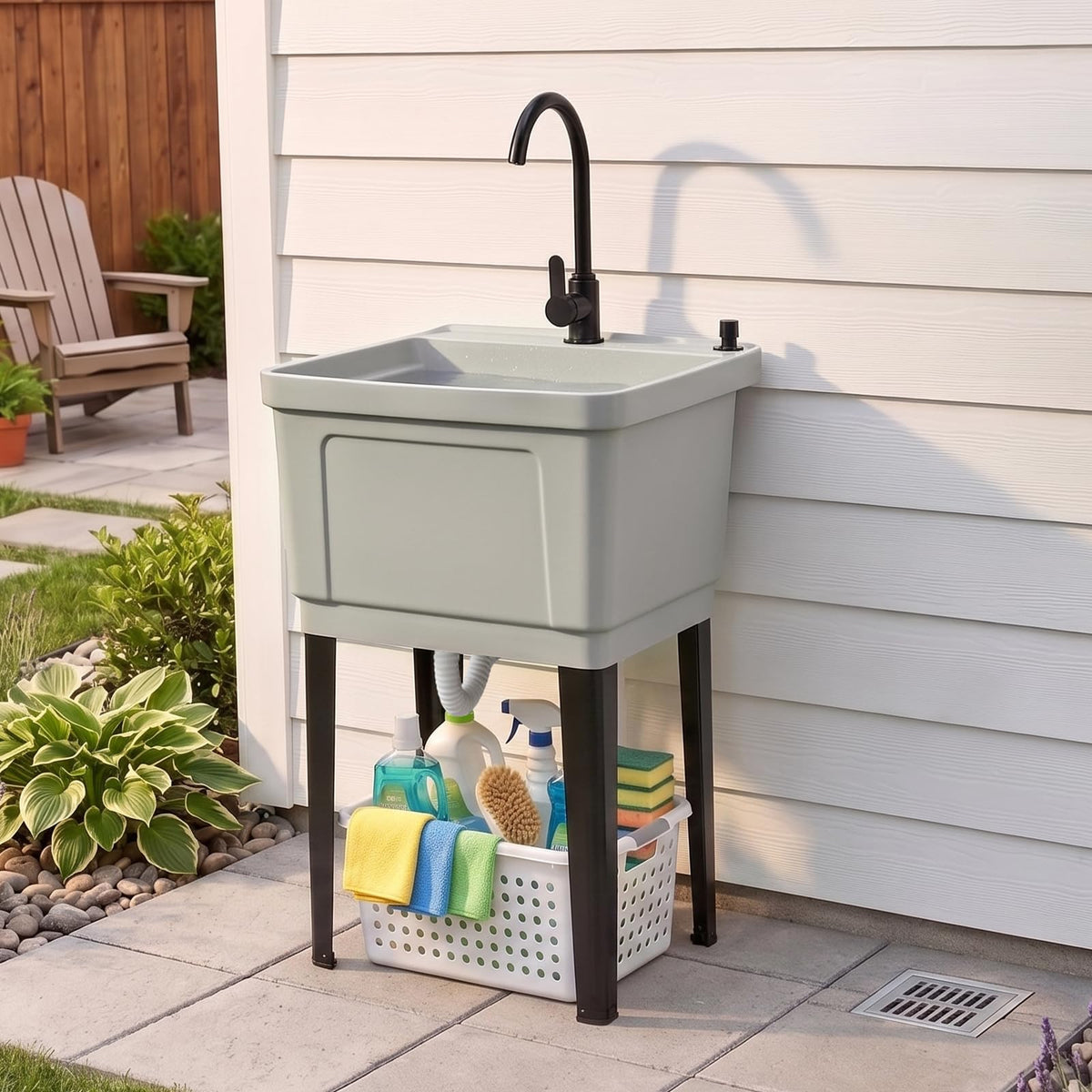 ROVSUN 20" X 19" Plastic Utility Sink Freestanding with Faucet Gray